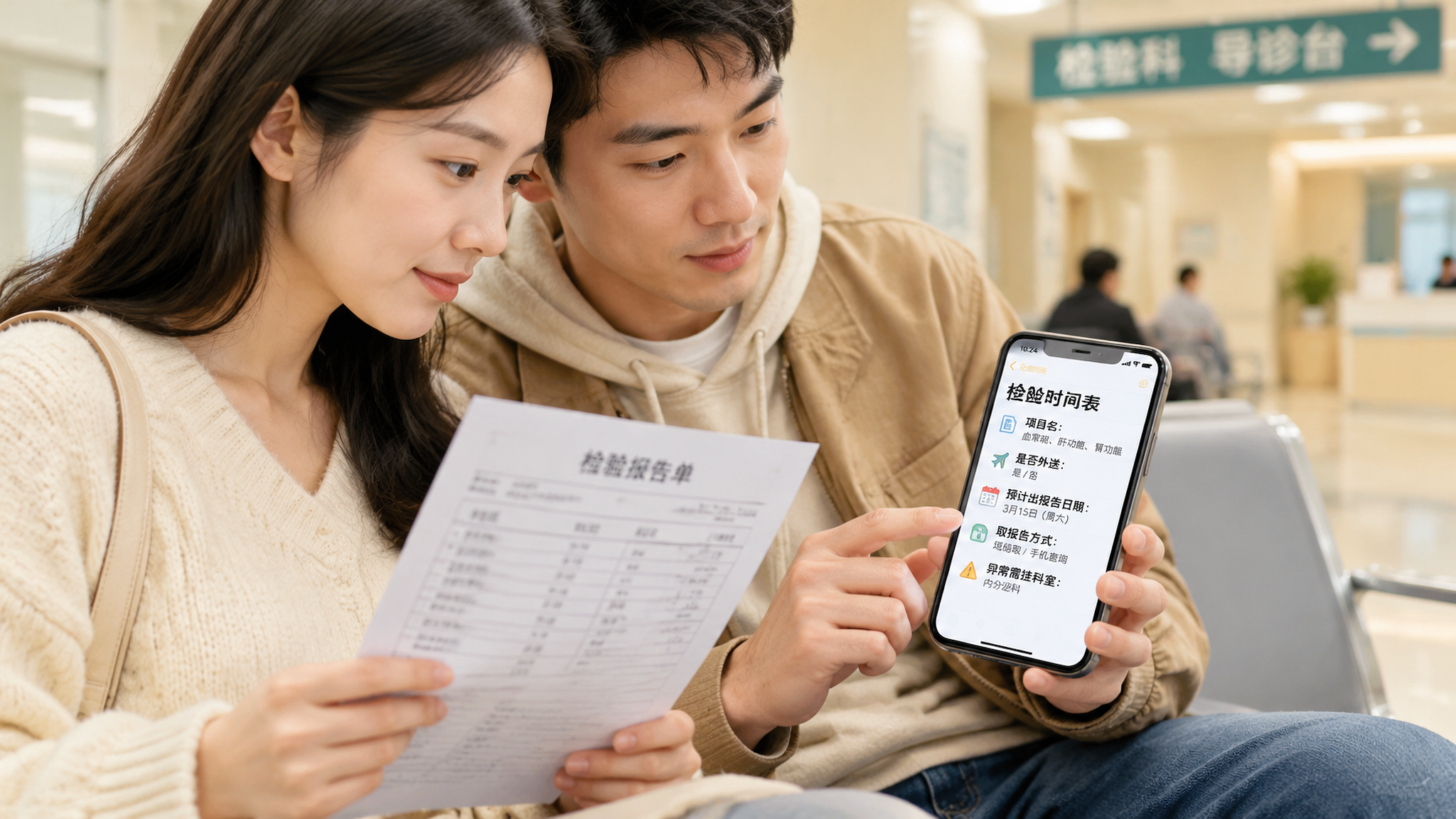 中国年轻夫妻在医院候诊区的长椅上并排坐着,妻子手里拿着检验单,丈夫用手机打开共享备忘录记录“项目名、