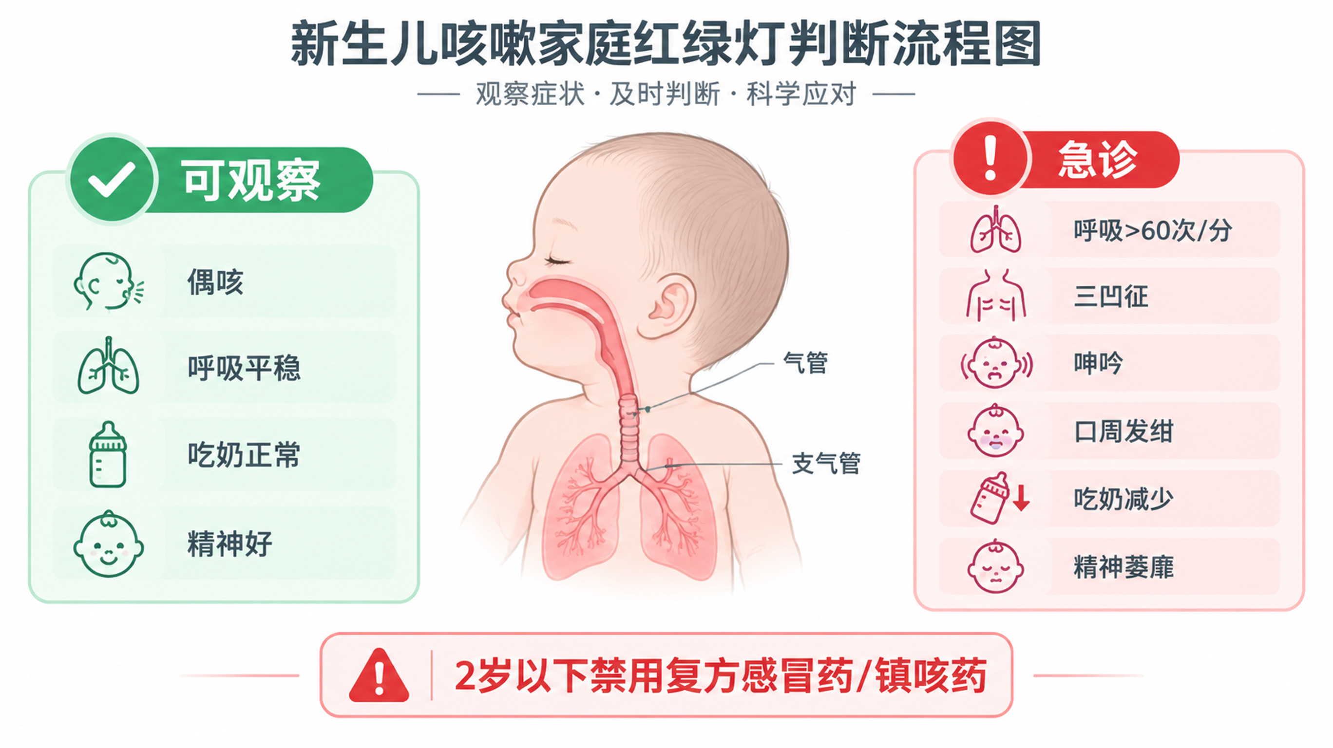 冷静医学插画风的信息图，画面主体为“新生儿咳嗽家庭红绿灯判断流程图”，白色干净背景，中央为简化的中国