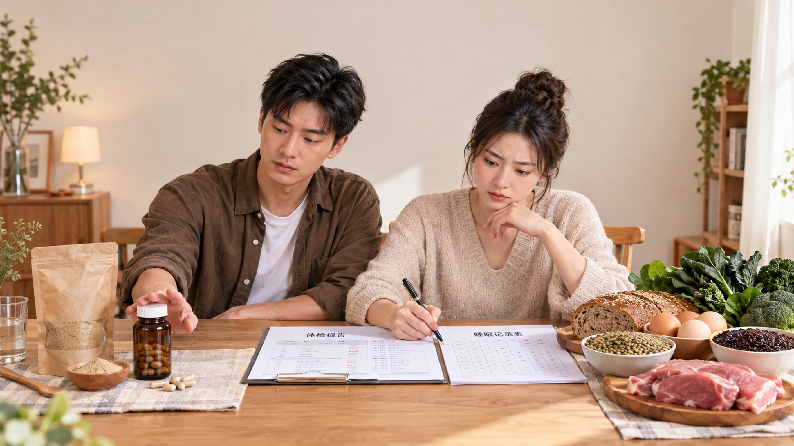 竖版海报构图,中国年轻备孕夫妻在家中餐桌前对比“玛卡粉/胶囊”与“真实食物平替”,桌面左侧放一袋棕色
