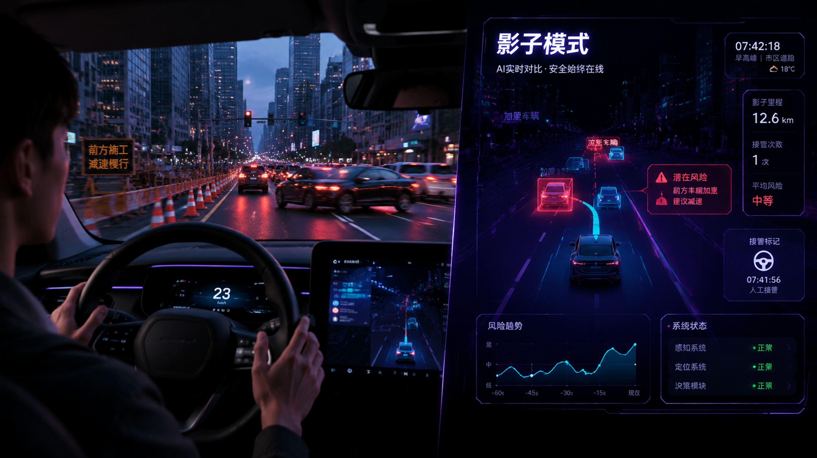 中国城市早高峰道路场景，车内视角与前方道路同时呈现，画面采用分屏构图：左侧为真实行车画面（前方车辆加