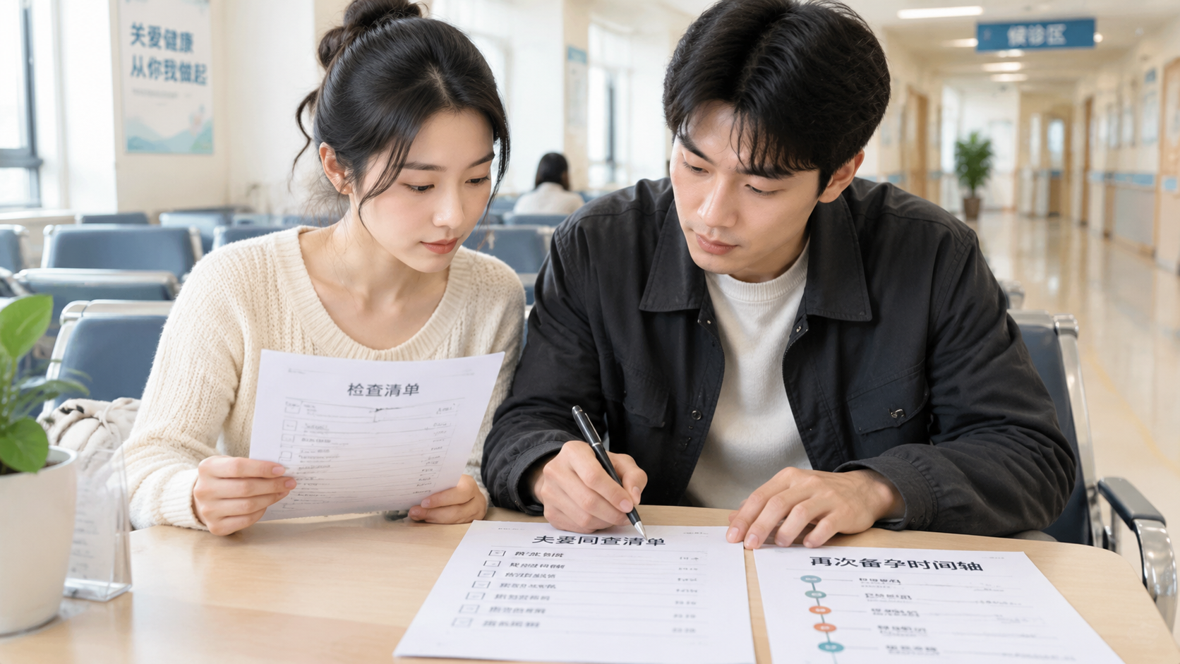 中国年轻夫妻在医院安静的候诊区，妻子坐在椅子上手里拿着检查清单，丈夫在旁边认真核对并用笔做标记，桌面