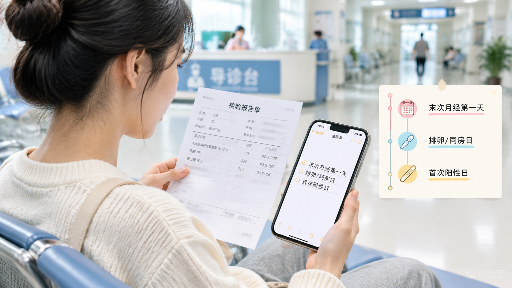 竖版构图，中国医院门诊走廊或候诊区场景，一位中国年轻女性坐在候诊椅上，手里拿着抽血检验报告单，另一只