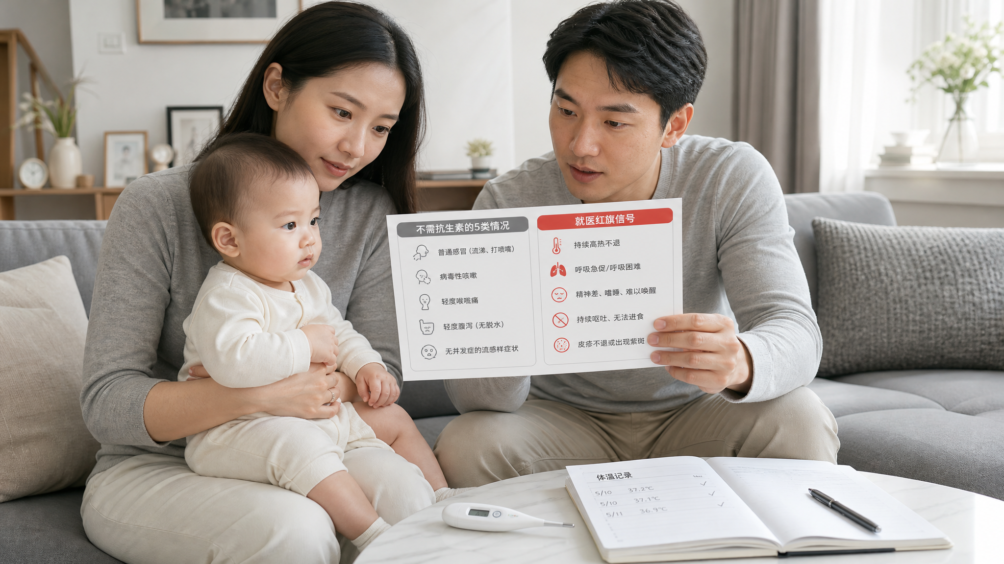 现代家庭客厅场景，中国年轻妈妈抱着0-1岁中国婴儿坐在沙发上，旁边中国年轻爸爸拿着一张“双栏清单”卡