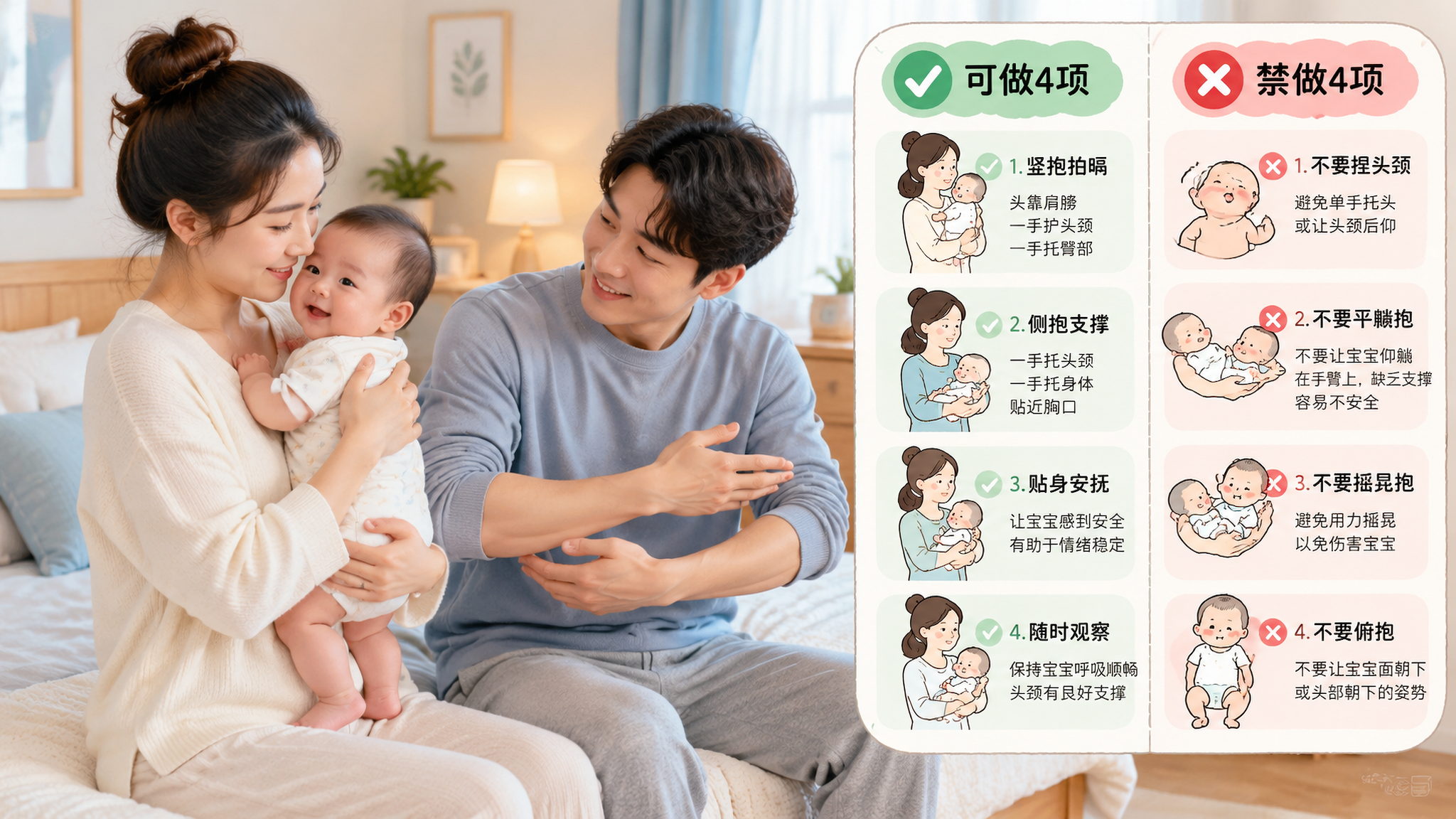 中国年轻父母在家庭卧室中照顾中国婴儿（0-1岁），妈妈清醒时短时竖抱宝宝、爸爸在旁边比划侧抱体位示意