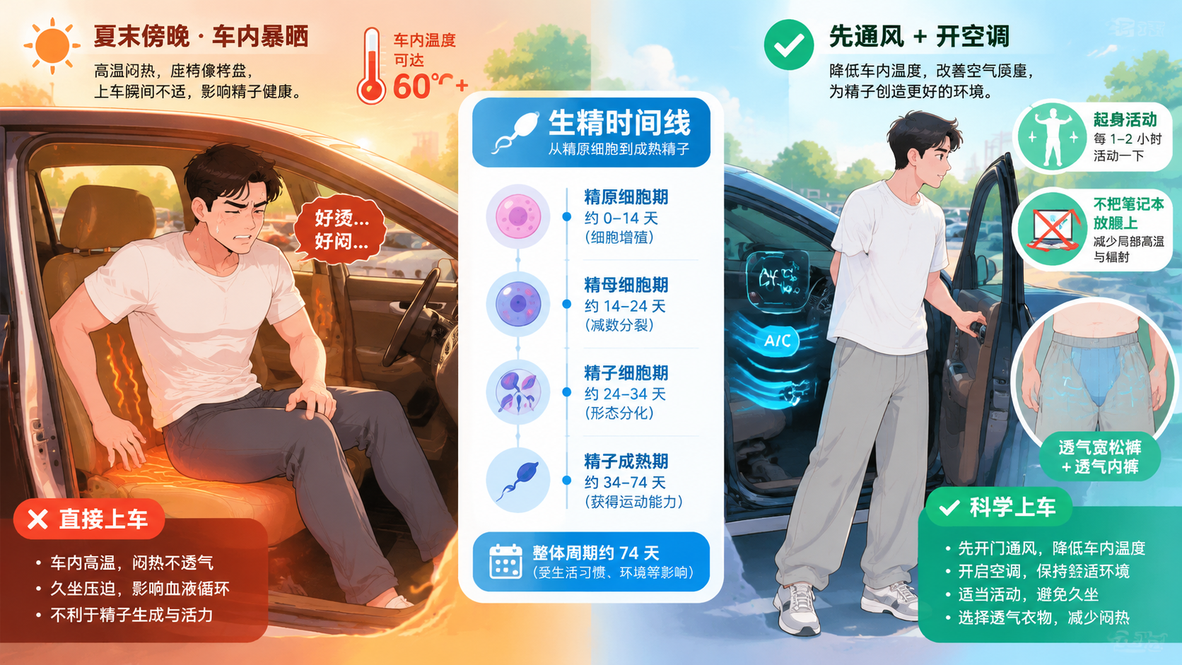 中国年轻夫妻的生活科普对比插画风配图，左侧场景：夏末傍晚的停车场，一辆车刚被太阳暴晒，车内座椅发烫，