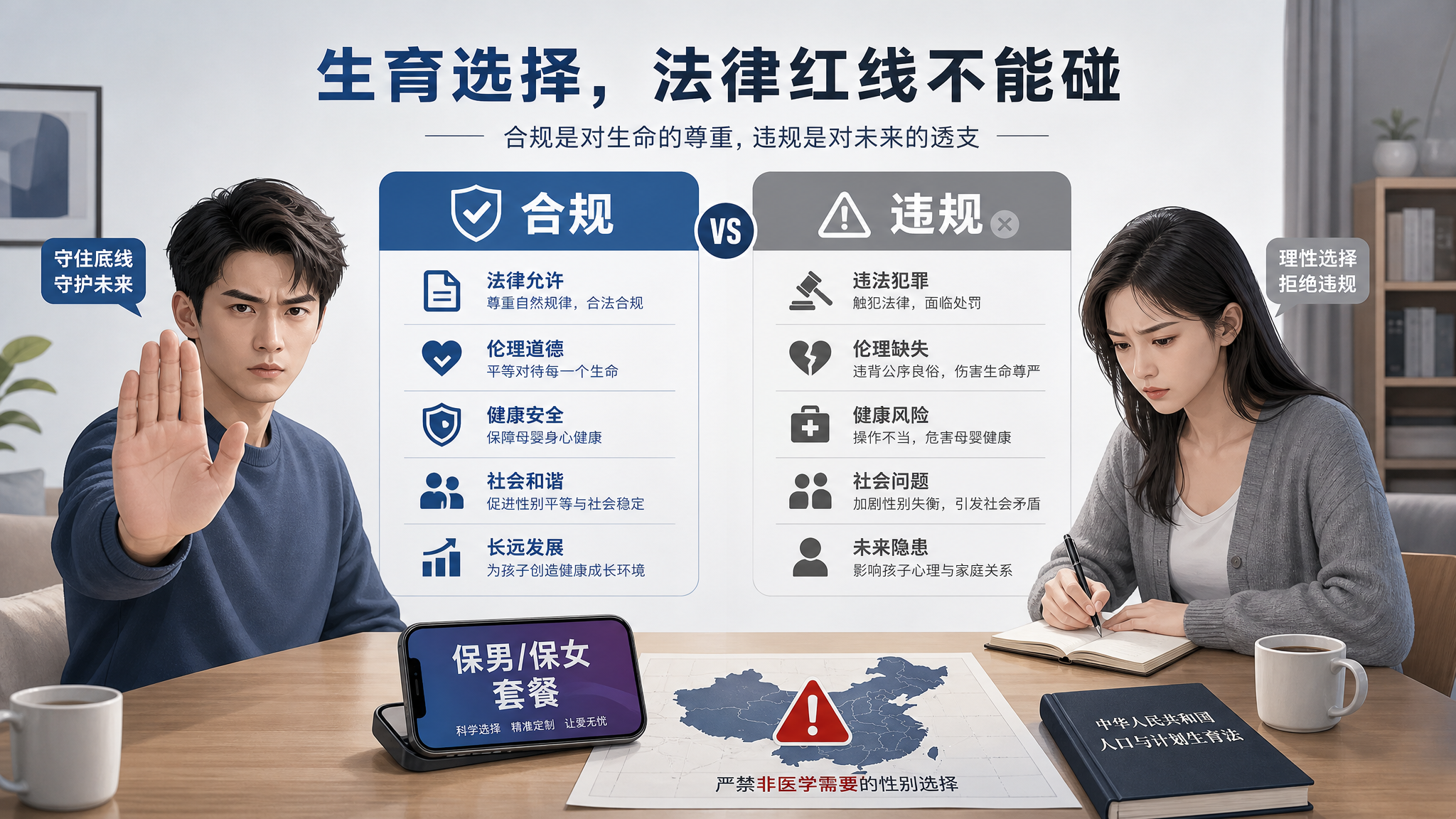 竖版信息图风格的场景插画，中国年轻夫妻坐在客厅餐桌前，桌上放着手机（屏幕显示“保男/保女套餐”字样的