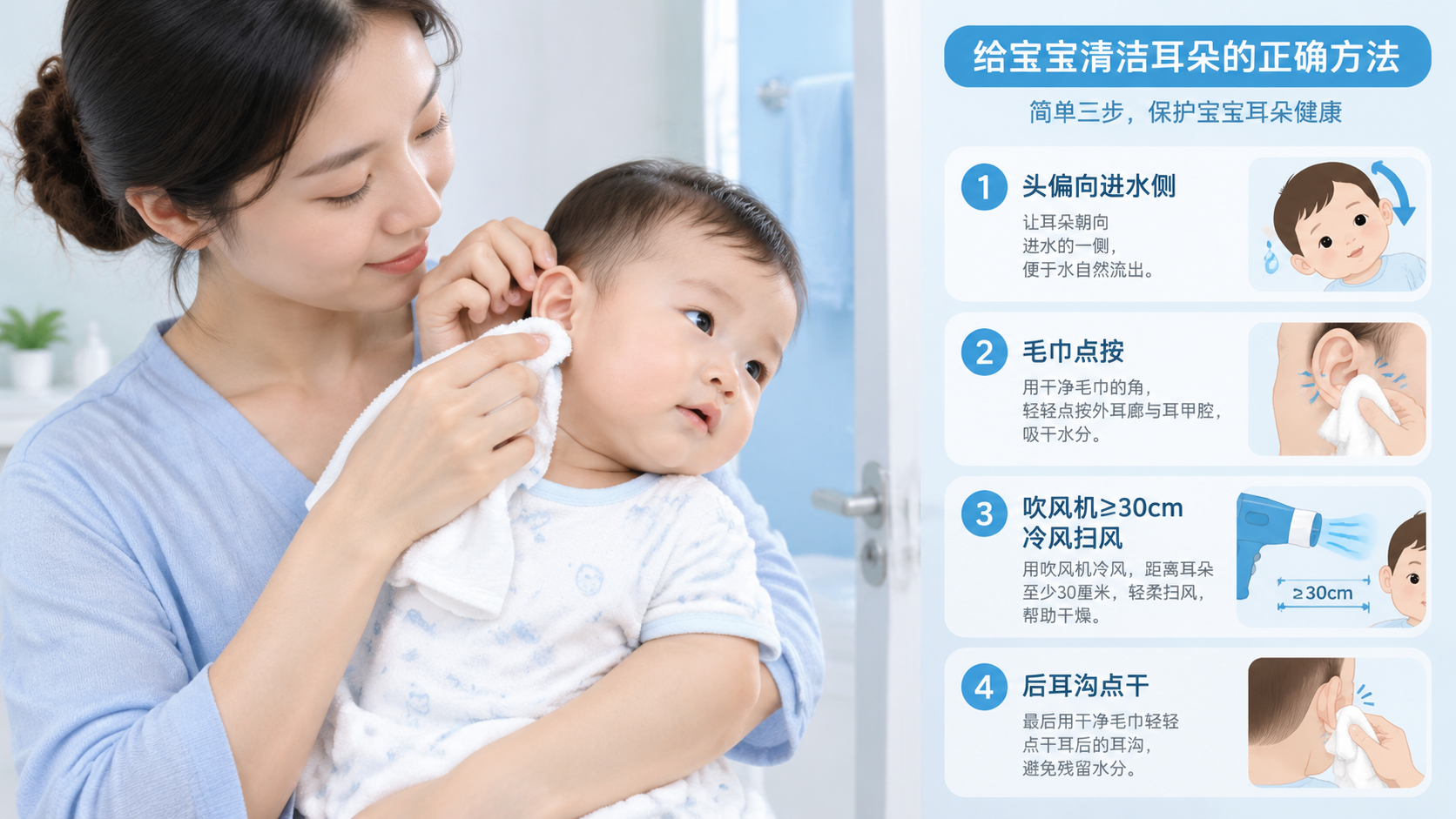 宝宝洗澡耳朵进水别掏：3步排水护后耳沟