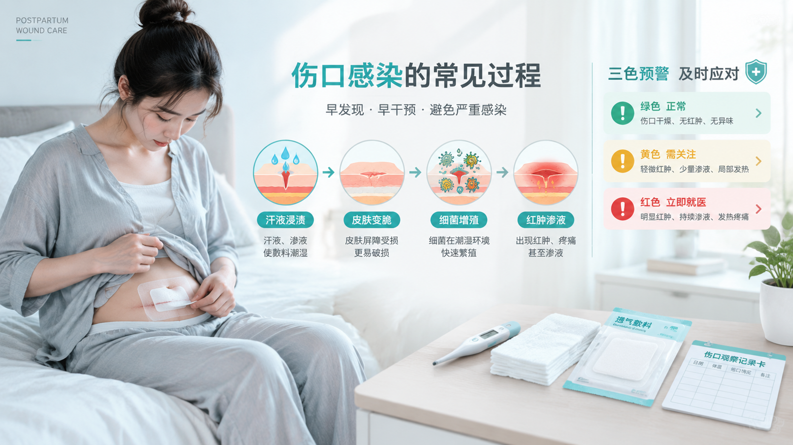 医学科普信息图风格画面，冷灰与蒂芙尼蓝配色，中国年轻产后妈妈在家中卧室环境，穿宽松居家服，坐在床边用