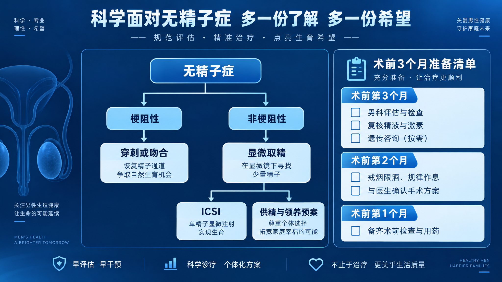 深蓝色男性健康科普风格海报，画面中央是一张清晰的流程决策图，内容结构为“无精子症→梗阻性/非梗阻性→