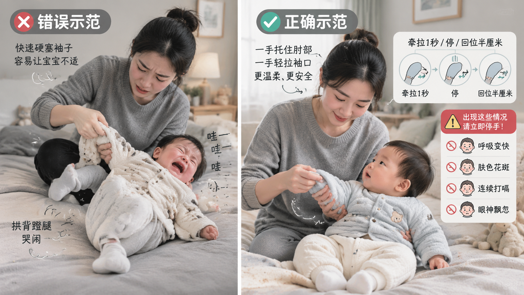 中国年轻妈妈在家中卧室/客厅为中国婴儿穿厚秋衣的场景，画面分屏对比：左侧“错误示范”妈妈快速硬塞袖子