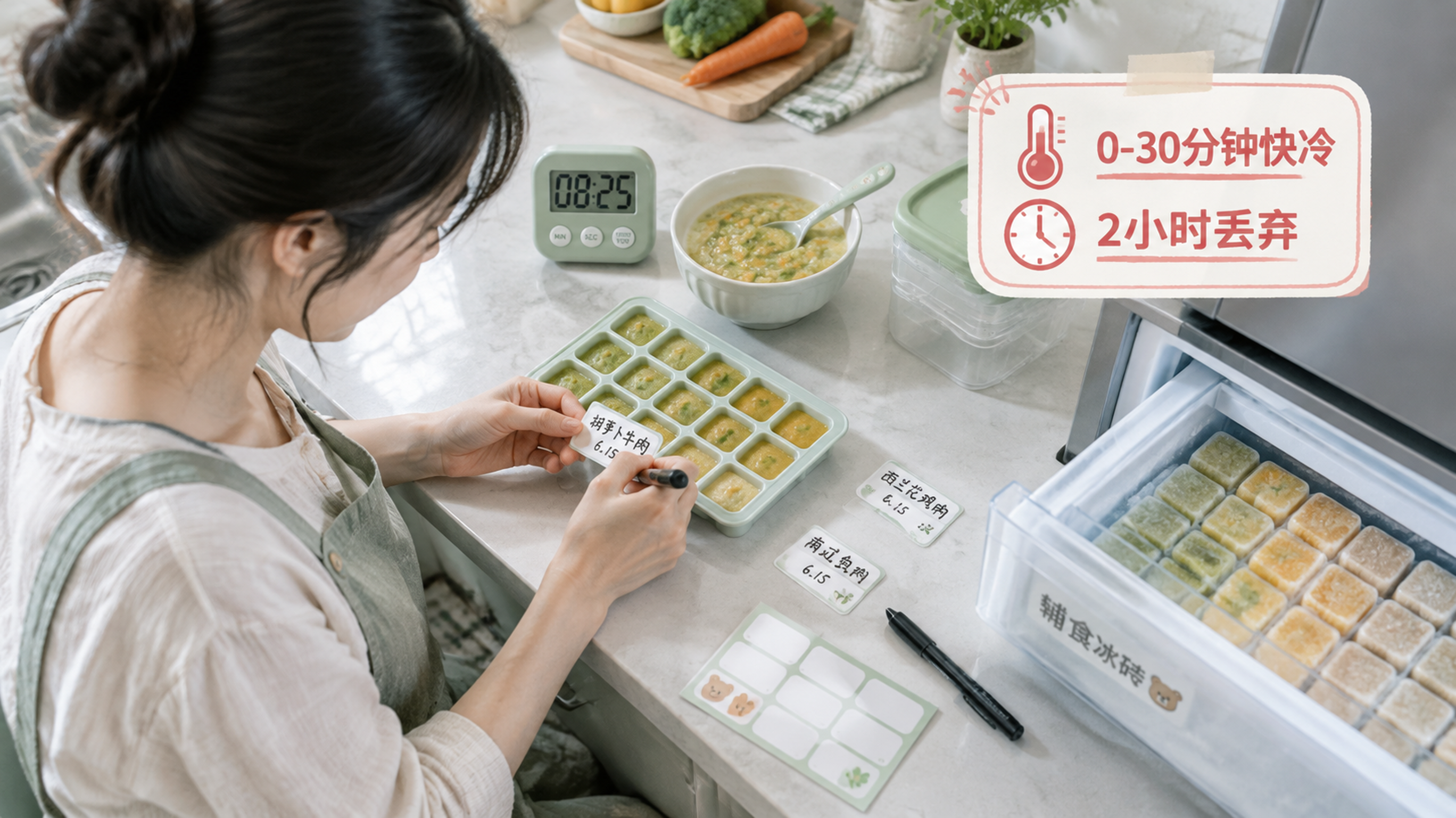中国年轻妈妈在夏季家庭厨房里，台面上有一碗宝宝辅食和计时器，旁边是贴有“0-30分钟快冷、2小时丢弃