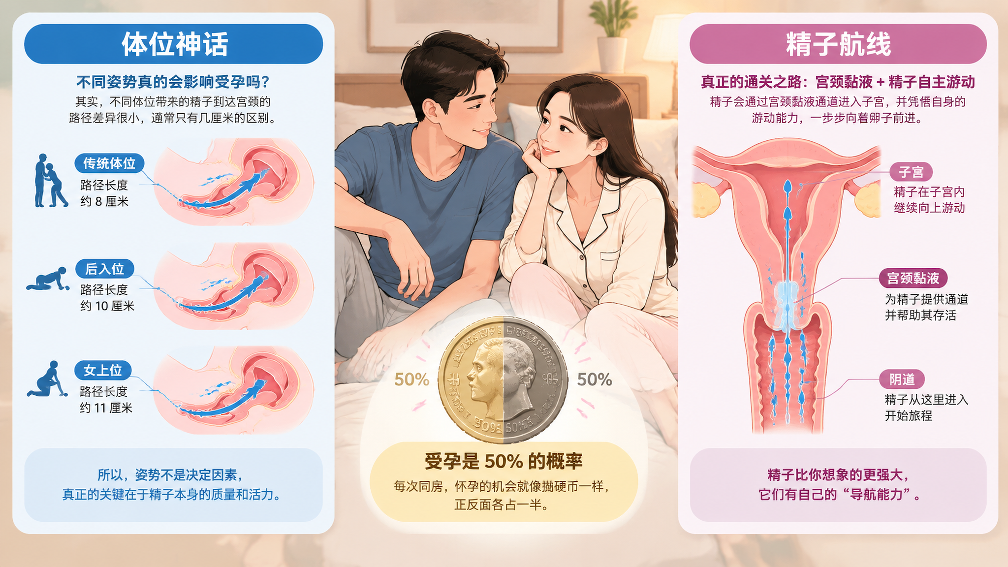 俯视角科普条漫风插画，中国年轻夫妻在卧室床边自然坐姿，旁边用简洁示意图对比“姿势神话”与“精子航线”