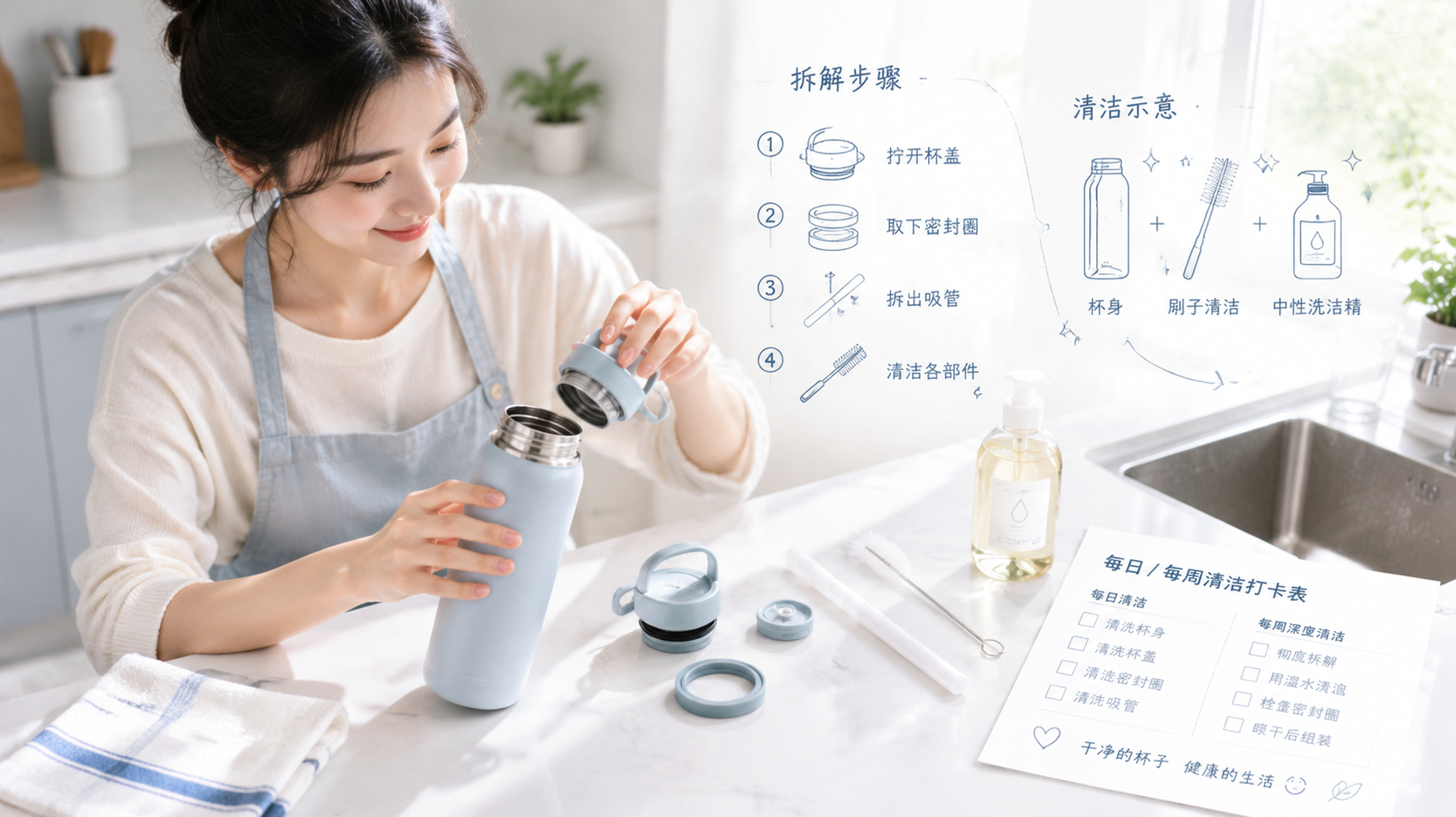 中国年轻女性在明亮整洁的厨房台面前清洗随身水杯，人物正在把杯盖拆开，旁边摆放拆解后的胶圈、吸管、小刷