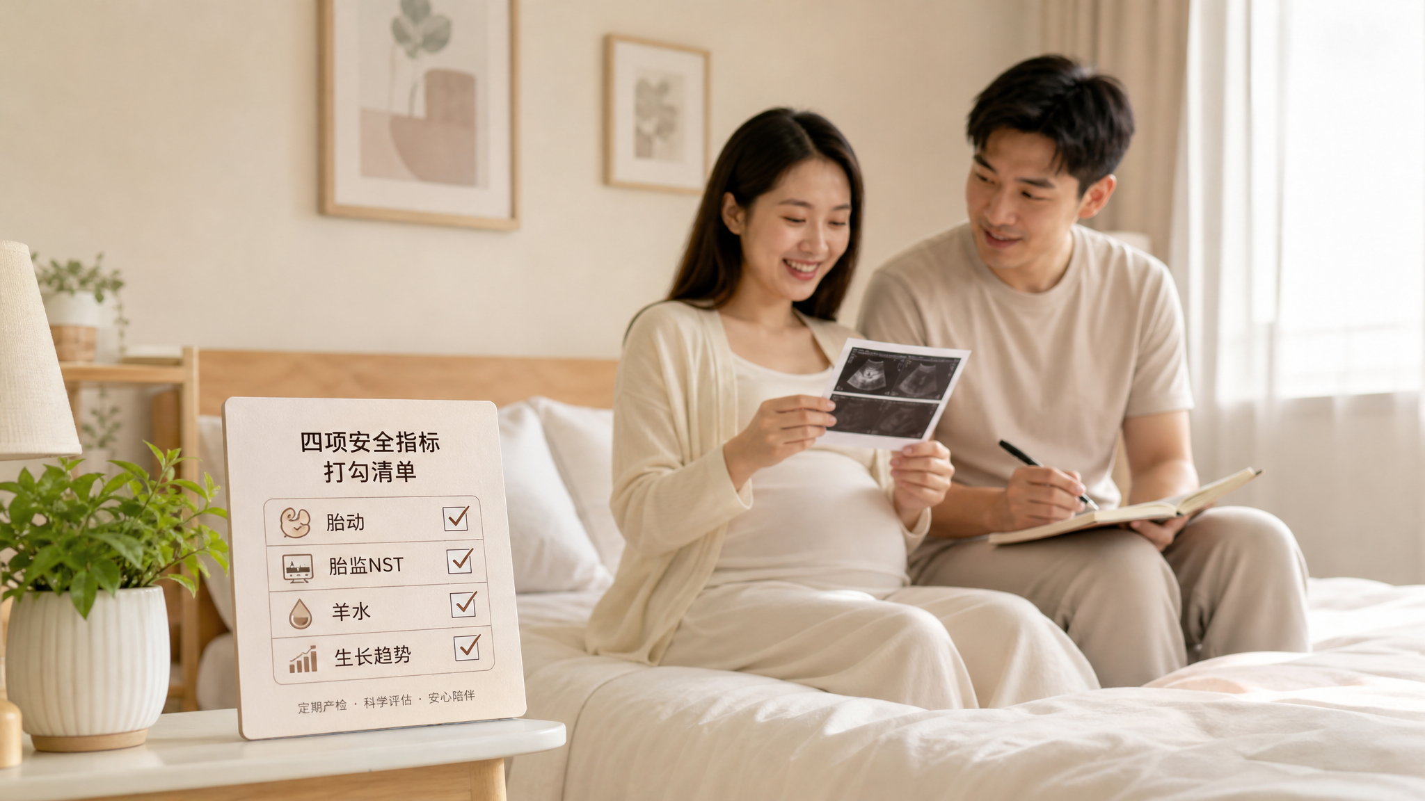 中国年轻孕妈妈在明亮温暖的卧室里坐在床边，手里拿着产检B超单，神情从紧张转为放松；旁边中国年轻准爸爸