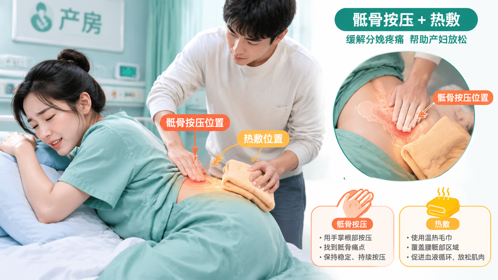 产房床旁场景,中国孕产妇处于第一产程,采取侧卧或前倾倚靠姿势,表情紧绷但可沟通;中国年轻准爸爸站在床