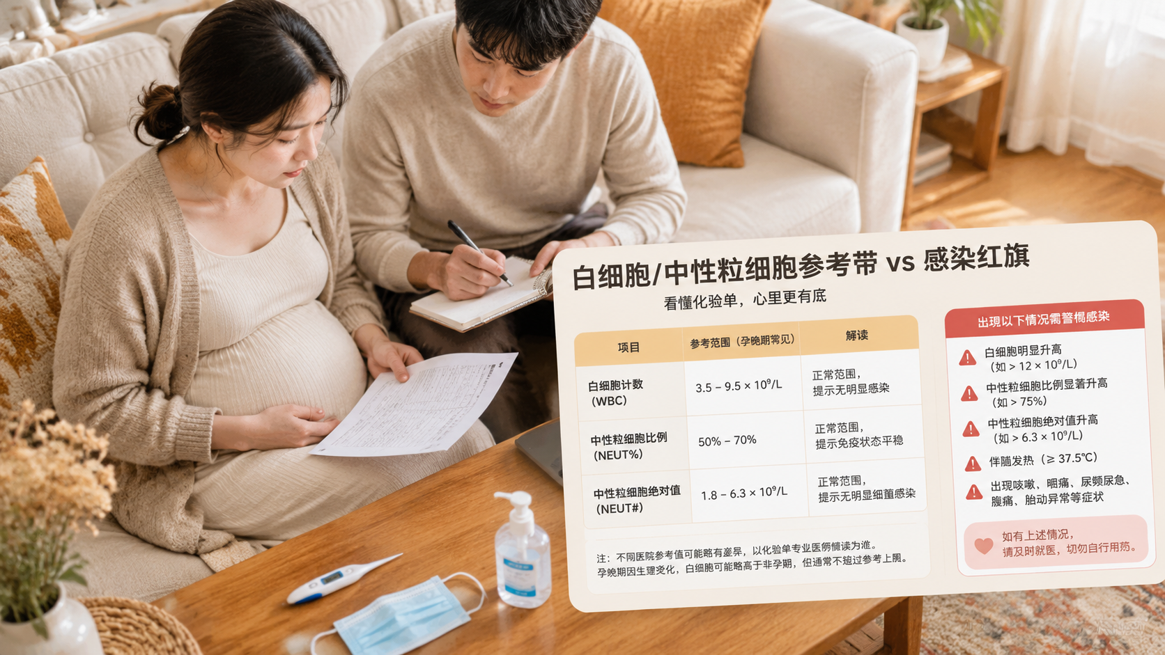 中国孕晚期孕妇在家中客厅沙发上手拿血常规化验单，旁边中国年轻准爸爸拿着笔记本记录体温与症状，桌上放着