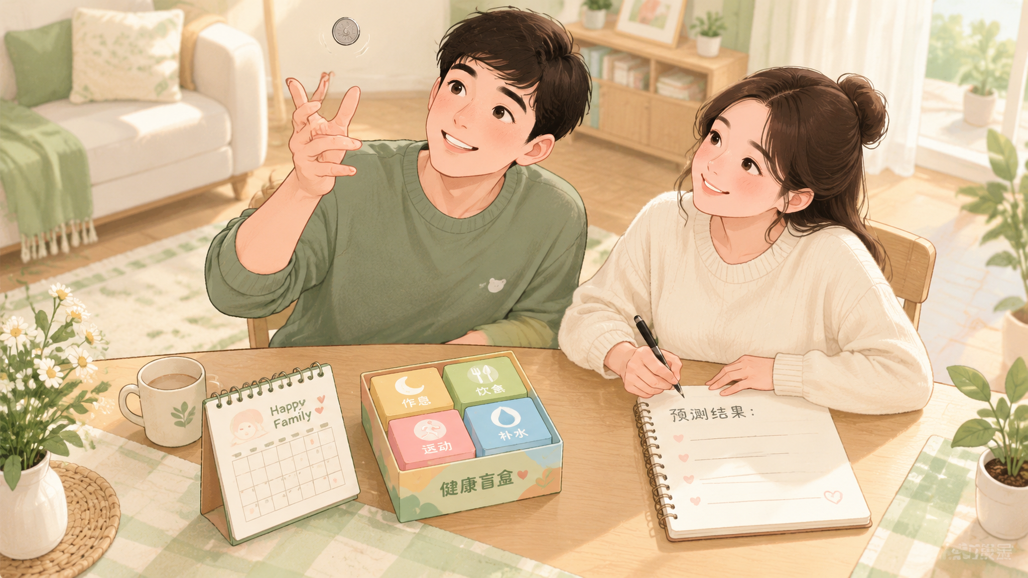 温暖治愈系插画风格的画面，中国年轻准爸爸和准妈妈坐在家中餐桌旁，准爸爸正把一枚硬币轻轻抛起，准妈妈在
