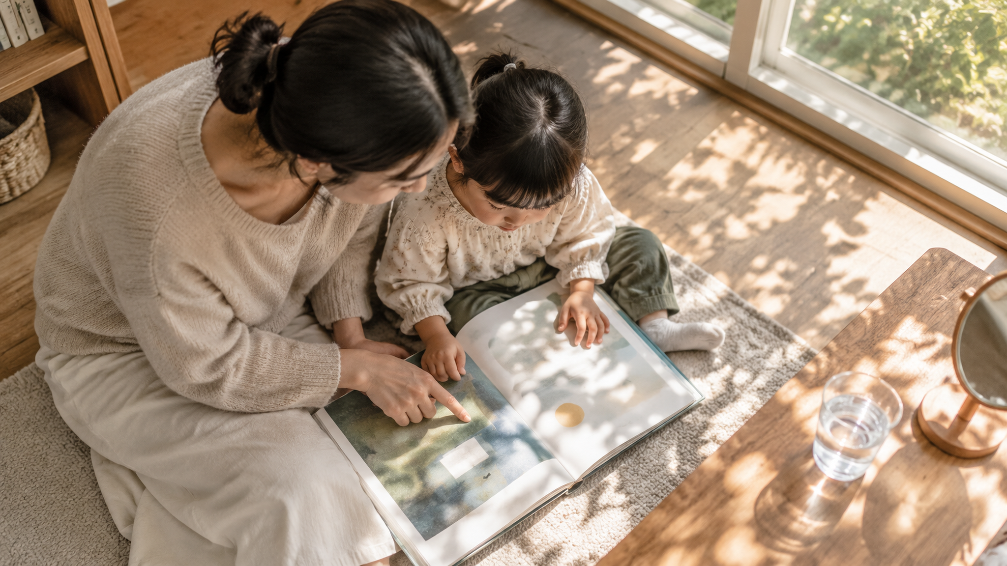 中国年轻妈妈与3-6岁中国幼儿坐在家中靠窗的木地板或地毯上一起读绘本，妈妈用手指指向绘本内页的色块与
