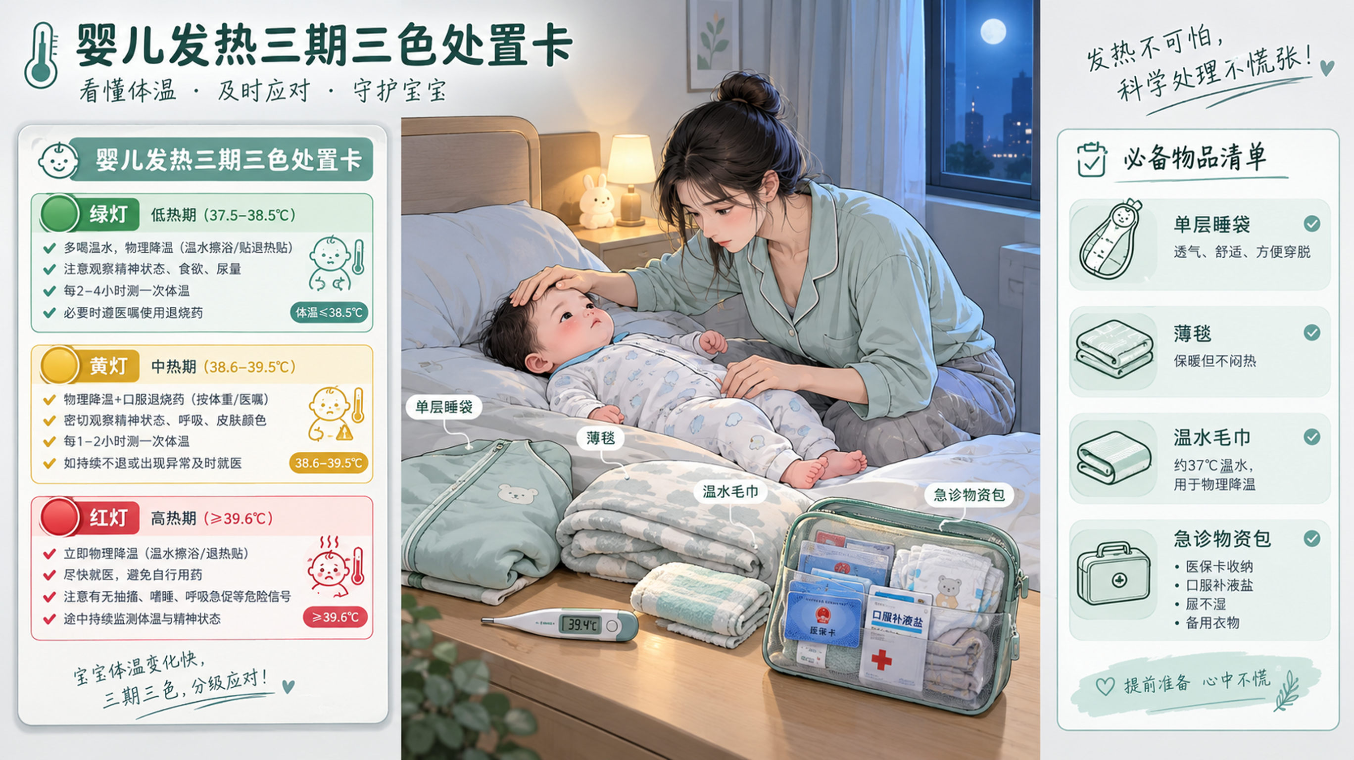 三格信息图构图，场景为中国家庭夜间卧室的床边桌，主体是一张“婴儿发热三期三色处置卡”纸卡（绿灯/黄灯