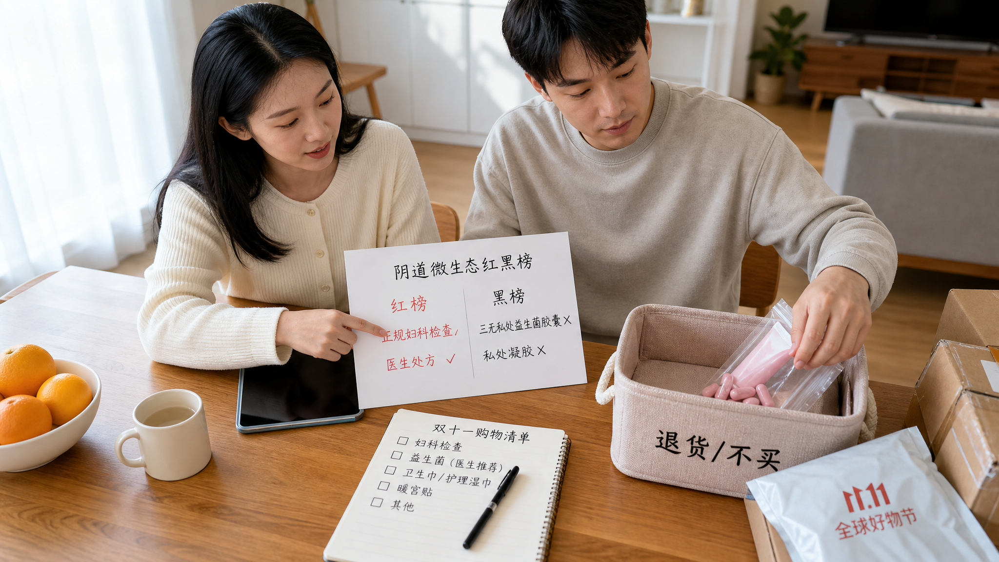 中国年轻夫妻在家中明亮的餐桌旁整理双十一购物清单，桌上放着一张“阴道微生态红黑榜”手写卡片（红榜：正