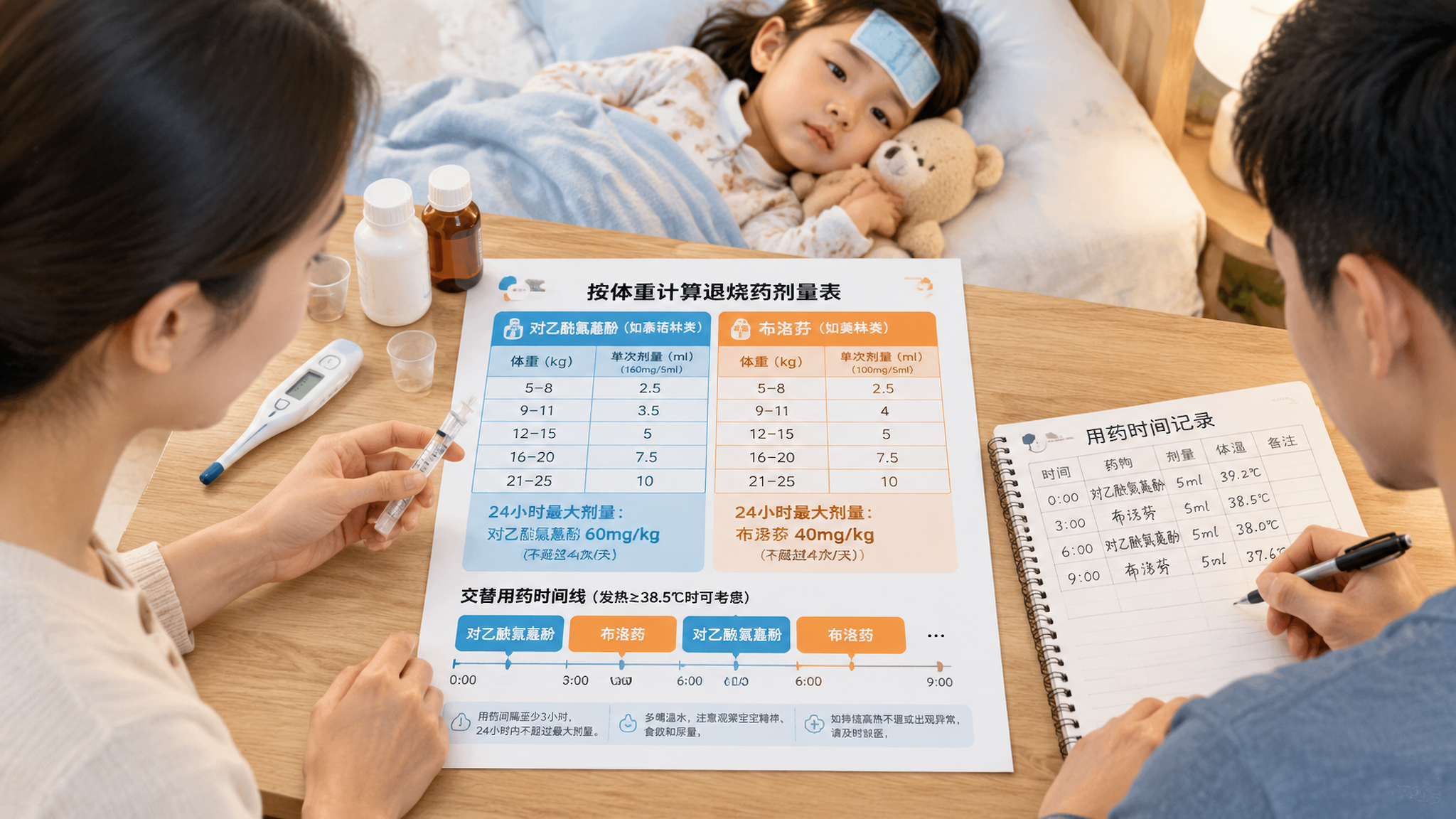 中国年轻父母在家中明亮整洁的卧室照顾发烧的中国幼儿，妈妈手拿口服注射器对照纸质“按体重计算退烧药剂量