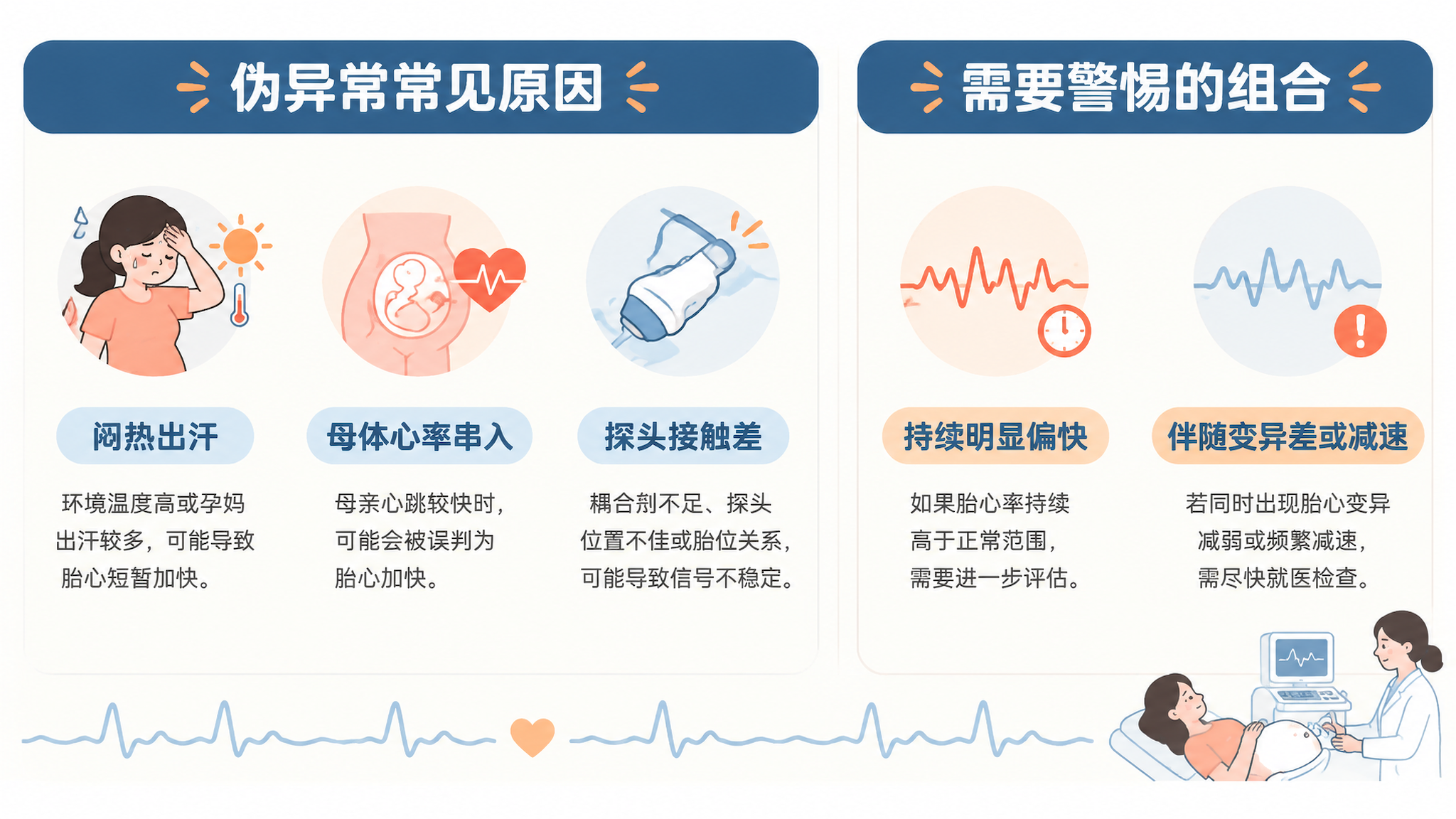 极简医学科普信息图风格，画面分为左右两栏对比：左侧标题“伪异常常见原因”，展示三项图标与文字：闷热出