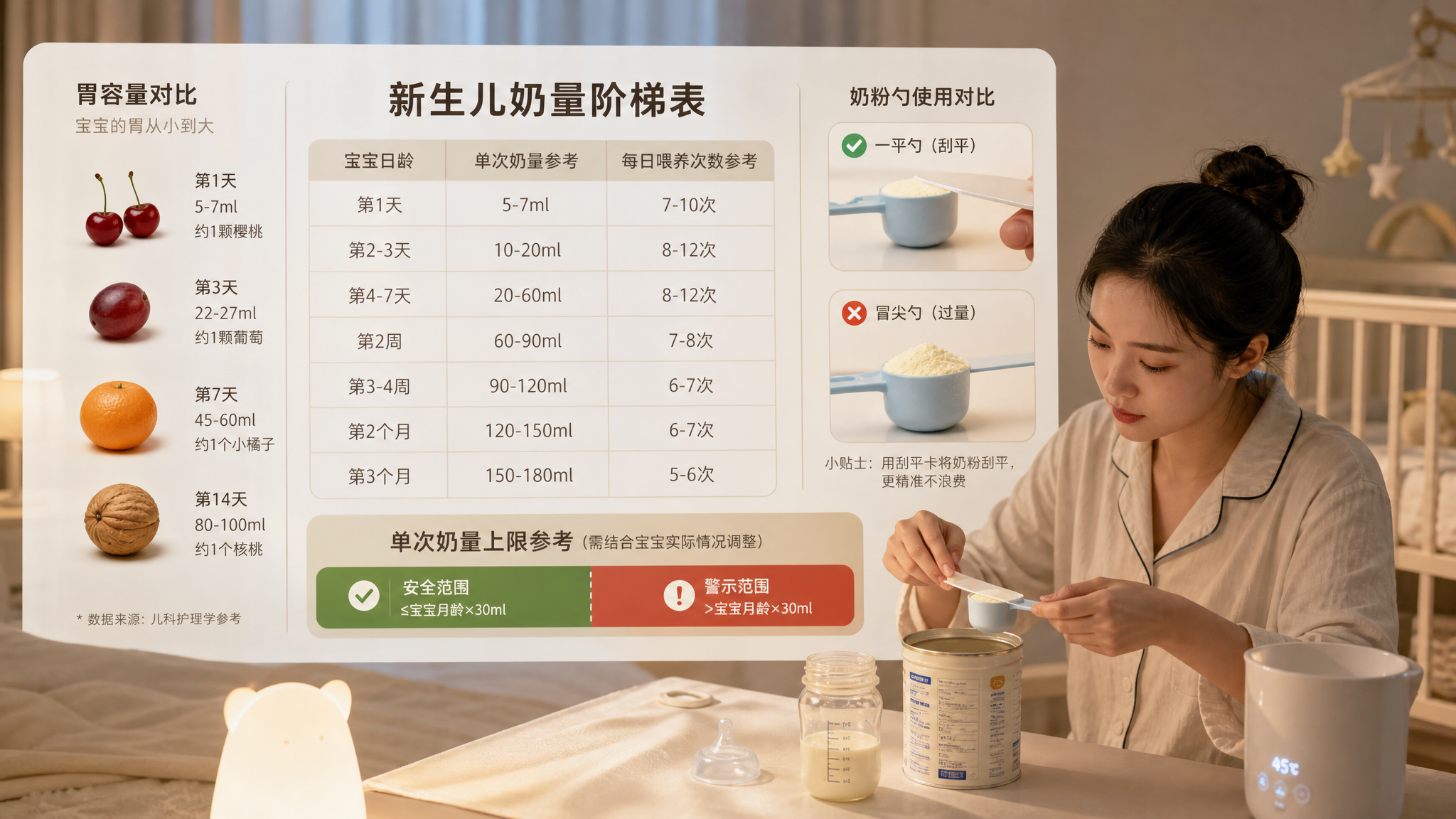莫兰迪色系背景的科普风配图,画面中心是一张清晰的“新生儿奶量阶梯表+单次上限红绿警示条”,左侧用水果