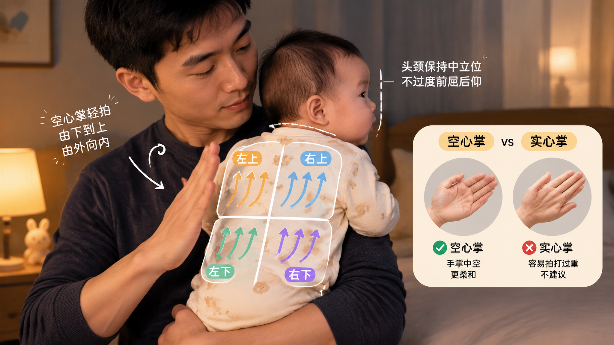 中国年轻爸爸在夜间卧室内，低光环境中抱着中国婴儿拍嗝教学场景，婴儿胸腹贴在爸爸胸前呈轻微直立位，头颈