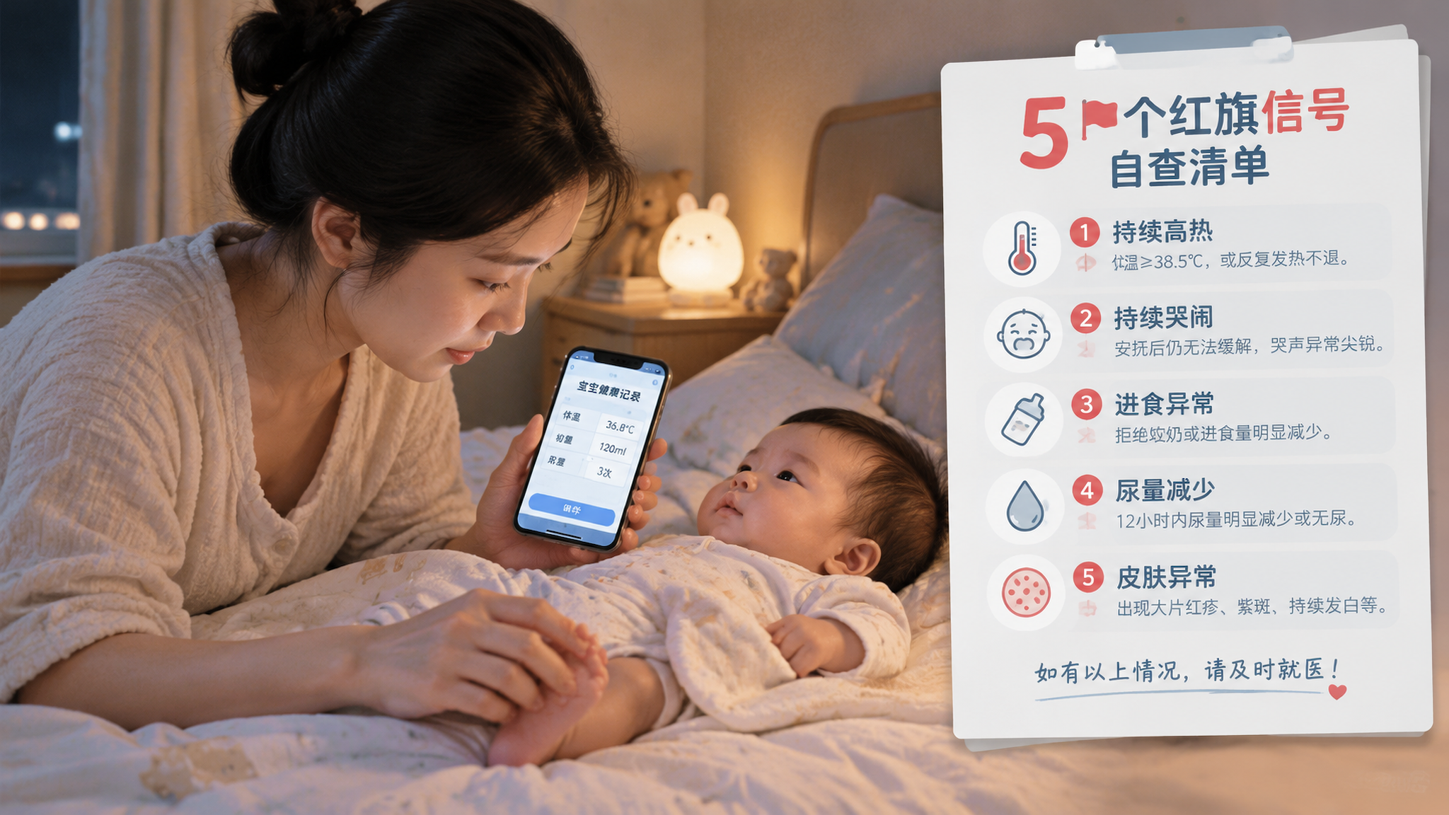 中国年轻妈妈在夜晚卧室里照看刚接种疫苗的中国婴儿,妈妈一手轻触宝宝足底做温和唤醒测试,另一手拿手机记
