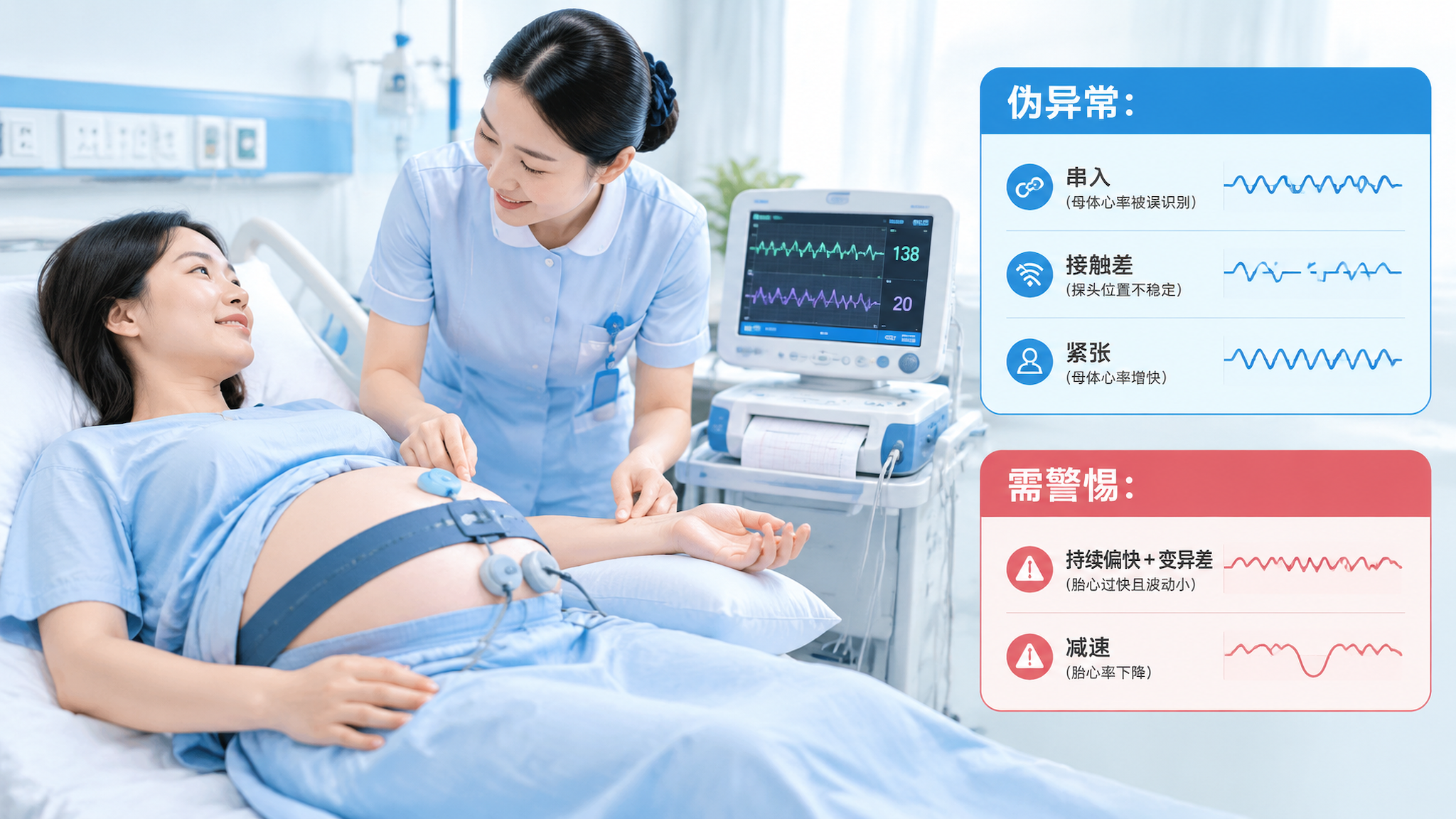 中国医院产科胎心监护室场景，一位中国孕晚期孕妇躺在胎监床上，穿宽松孕妇裙，腹部系着胎监腹带与探头；旁