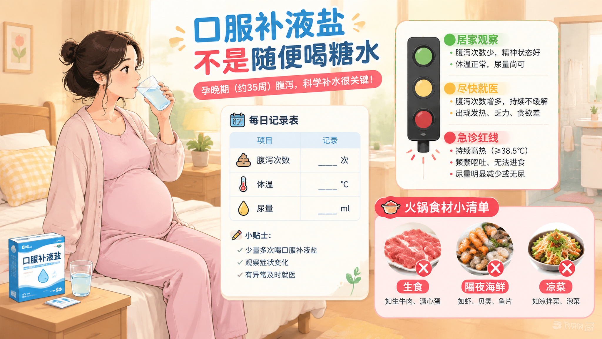 暖色底清爽插画风格信息图，场景为居家卧室与卫生间的组合画面，中国孕晚期女性（孕35周左右）穿宽松家居