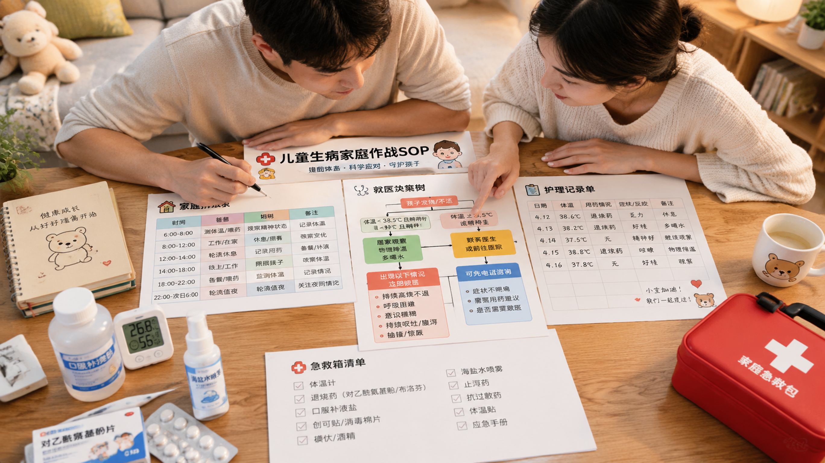 中国年轻父母在家中客厅的桌前一起制定“儿童生病家庭作战SOP”，桌上摊开清晰的排班表、护理记录单、就