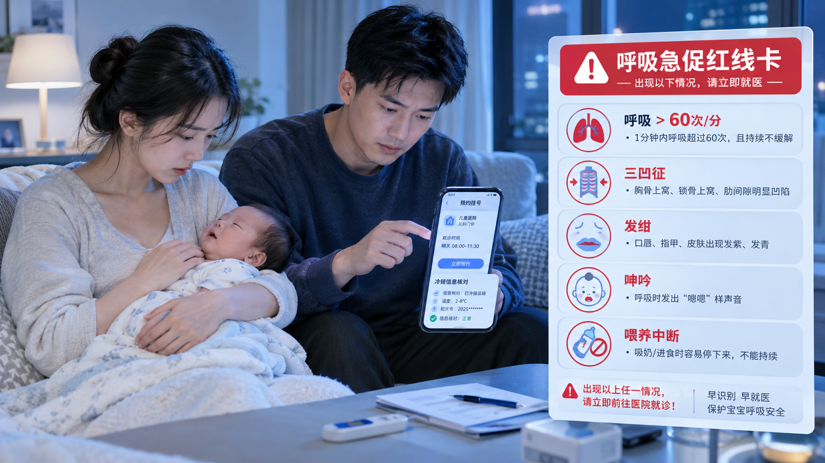 冷蓝色临床风的科普配图场景，中国年轻父母在家中夜间客厅，妈妈抱着中国新生儿观察呼吸，爸爸在一旁用手机