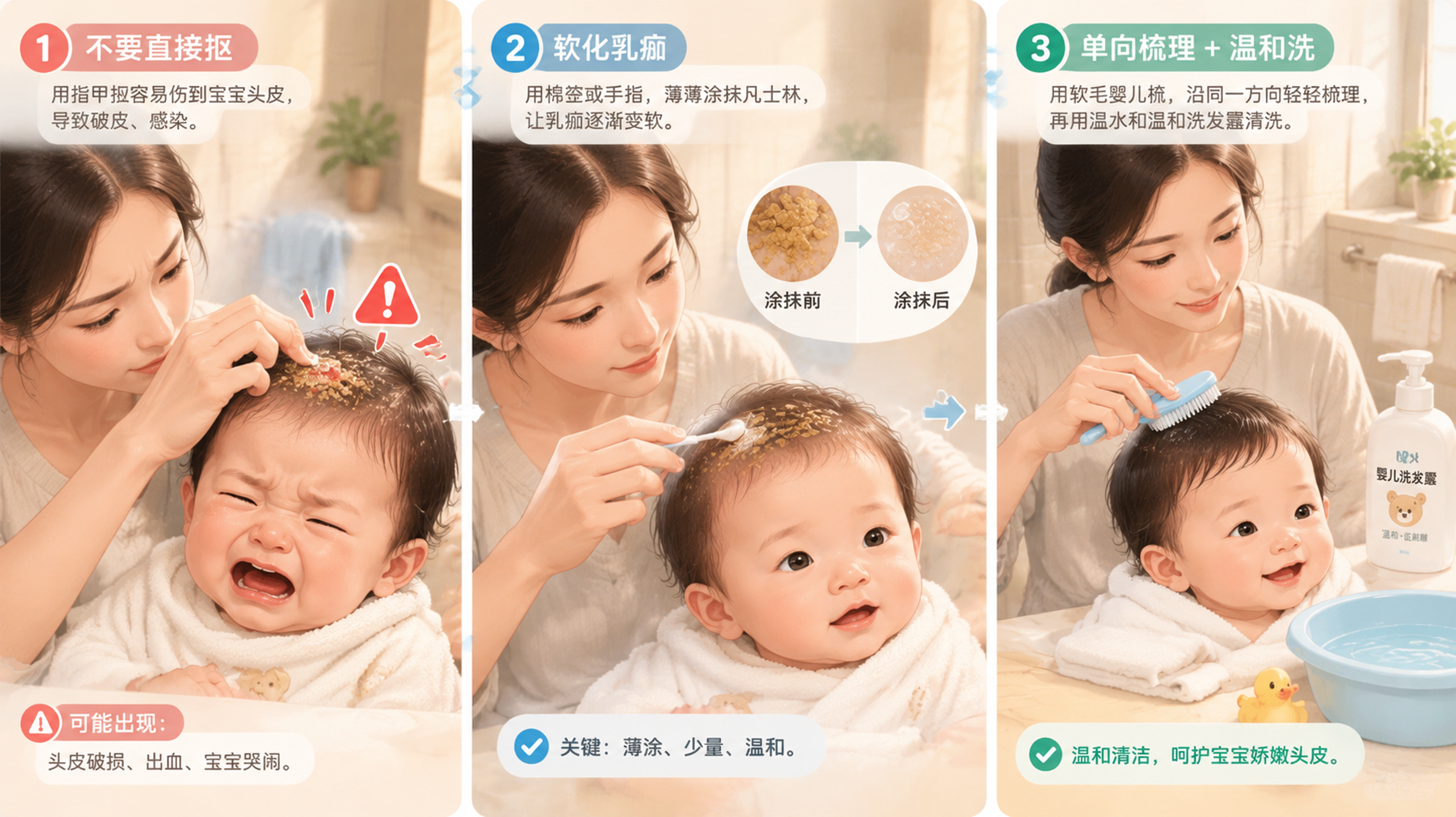 乳痂别硬抠：凡士林软化+单向梳除，3步不伤头皮