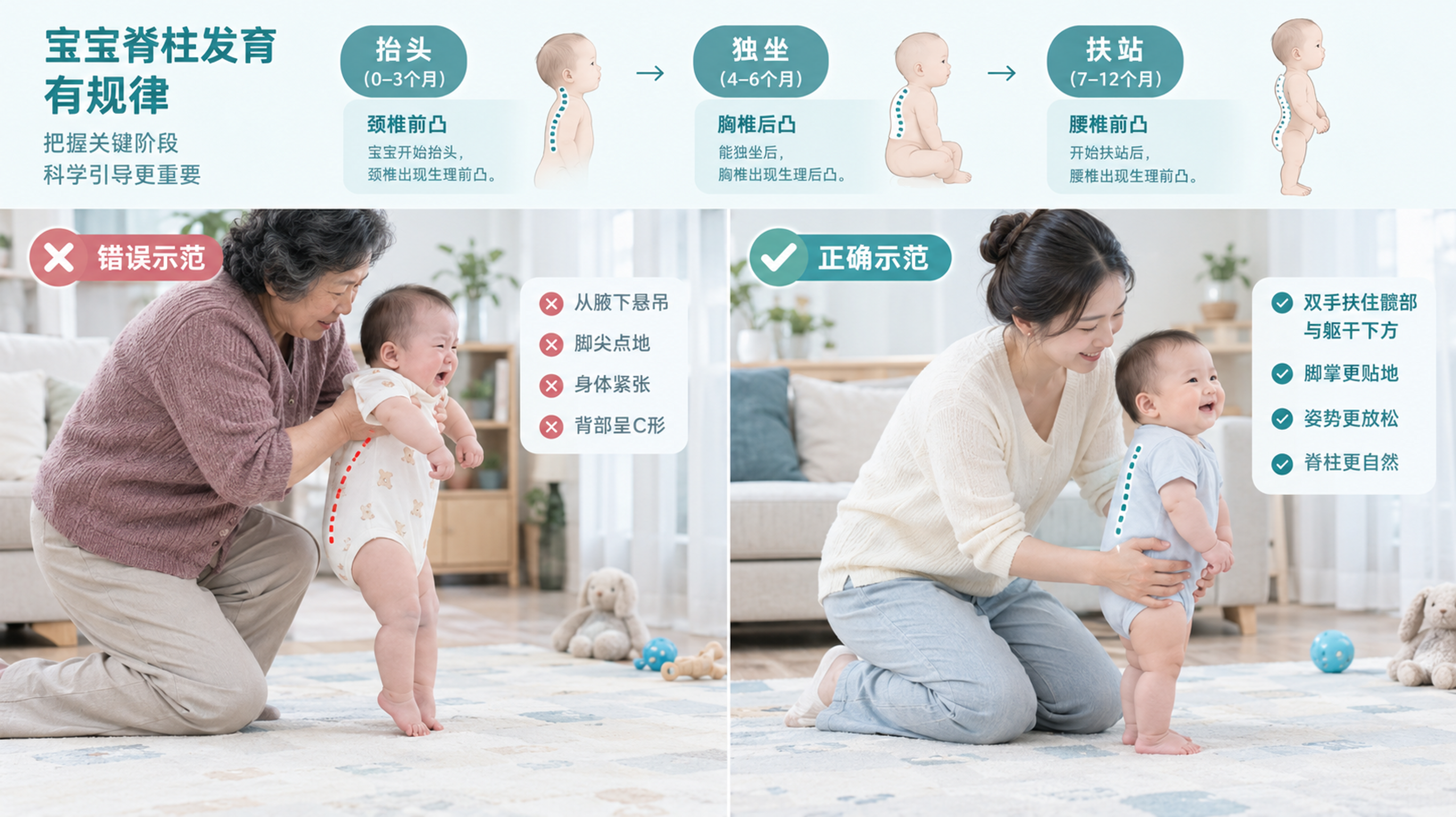 宝宝被强行抱站？先看脊柱三道弯曲时间轴