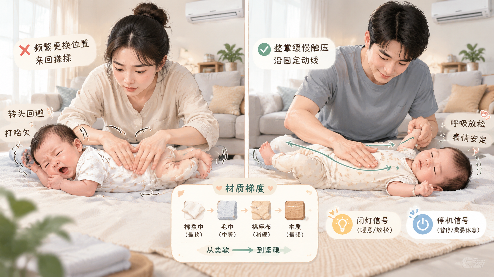 条漫对比构图,左右分屏;左侧:室内夏季客厅,中国年轻妈妈在给中国新生儿快速来回搓揉、频繁更换抚触位置