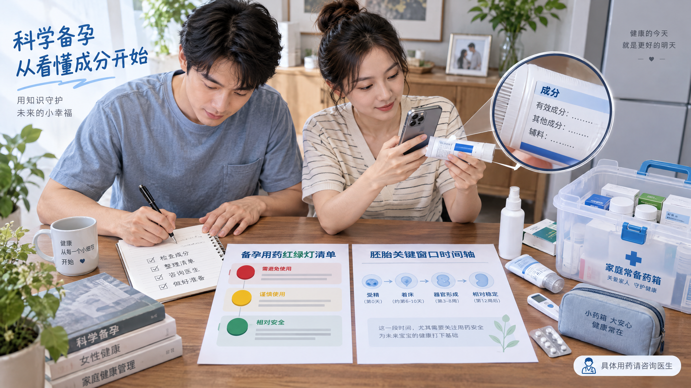 中国年轻夫妻在家中餐桌旁整理夏季家庭药箱，女性手拿手机拍摄药膏与喷雾的成分表，男性在纸上做记录；桌面