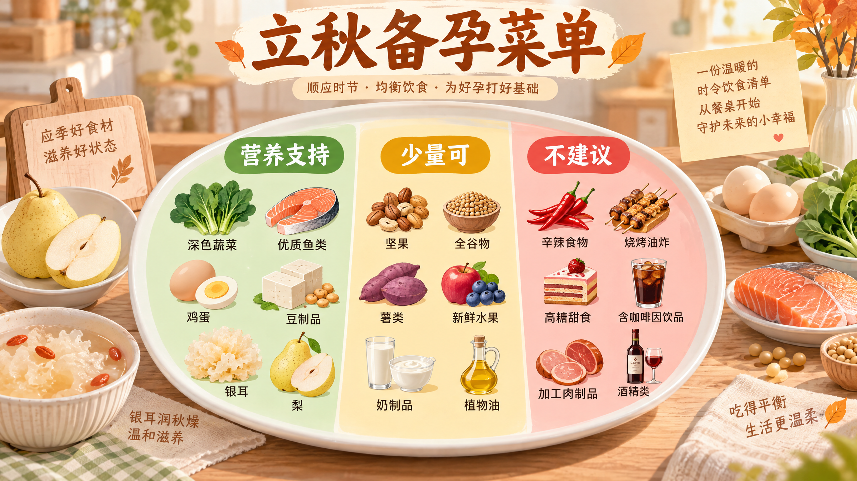 暖橙与浅棕色治愈系信息图海报，主题为“立秋备孕菜单”，画面中心是一张餐盘与食材分区示意图，分成绿色（