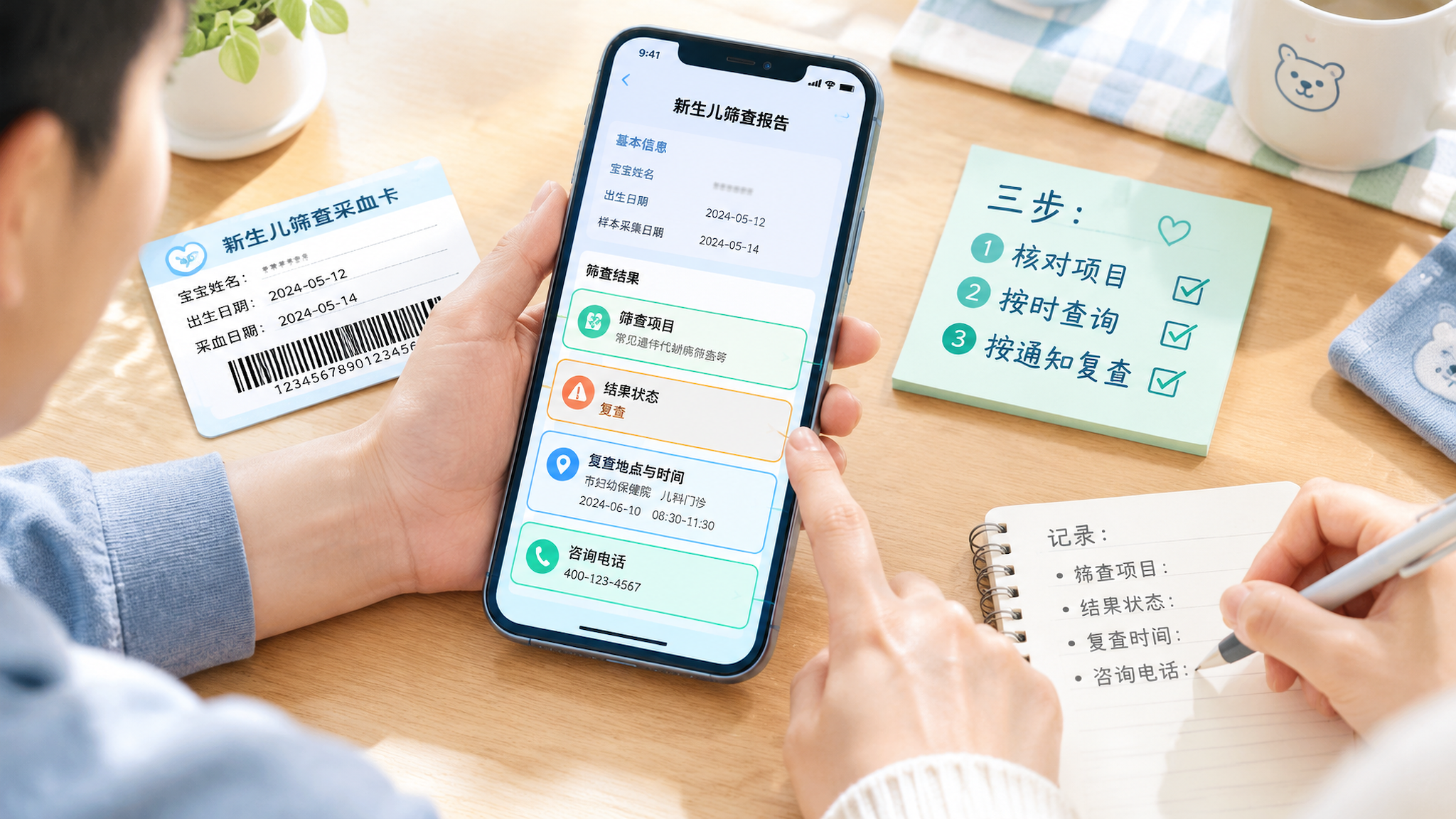 清爽蓝绿配色的信息图风格画面，一张桌面上放着手机展示“新生儿筛查报告”界面（界面为示意、无具体机构名