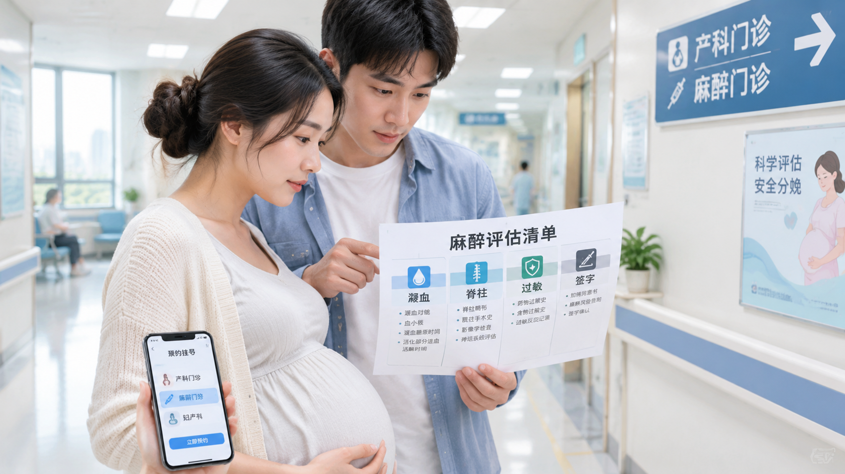 中国医院走廊场景，干净明亮的产科或麻醉门诊区域，一位中国孕晚期孕妇与中国年轻丈夫一起站在墙边阅读和核