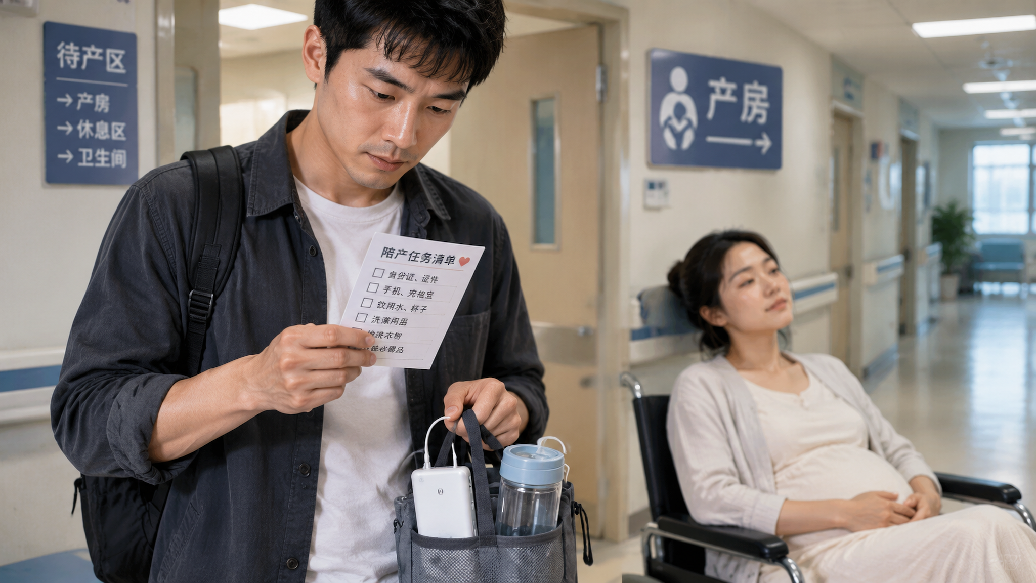 中国年轻准爸爸在医院待产区/产房门口的走廊里，手持一张“陪产任务清单”小卡片认真核对，另一只手拿着充