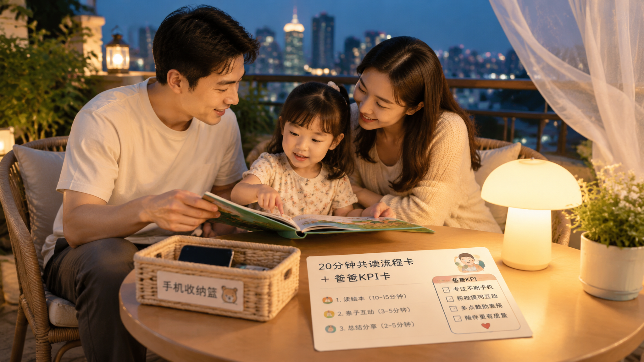中国年轻三口之家在夏夜露台进行亲子共读，暖黄色台灯照明，爸爸坐在小圆桌旁读绘本旁白，妈妈靠近孩子轻声