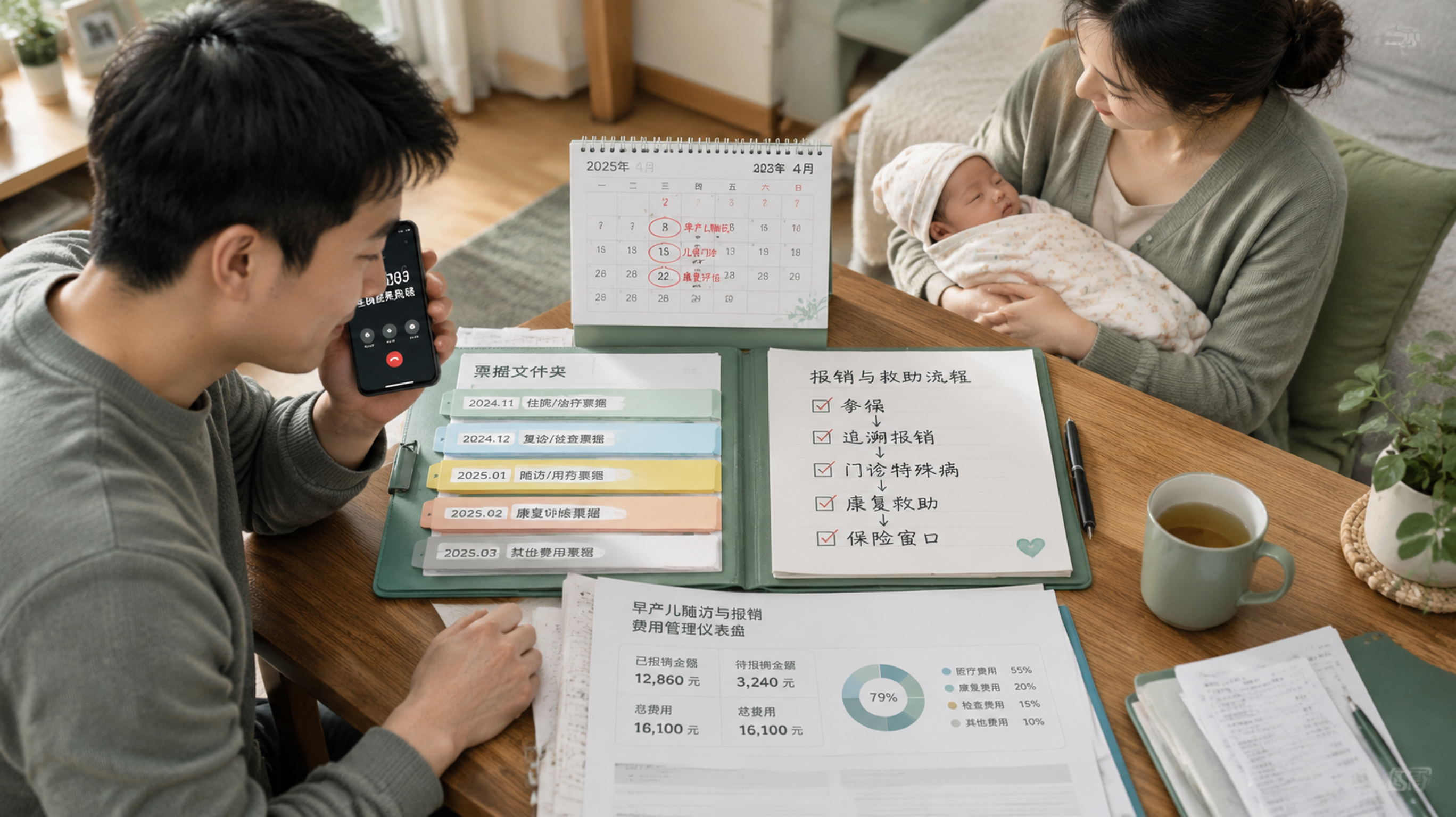 中国年轻父母在家中餐桌前整理早产儿随访与报销资料，桌面上有按时间轴整理的票据文件夹、日历上的随访预约