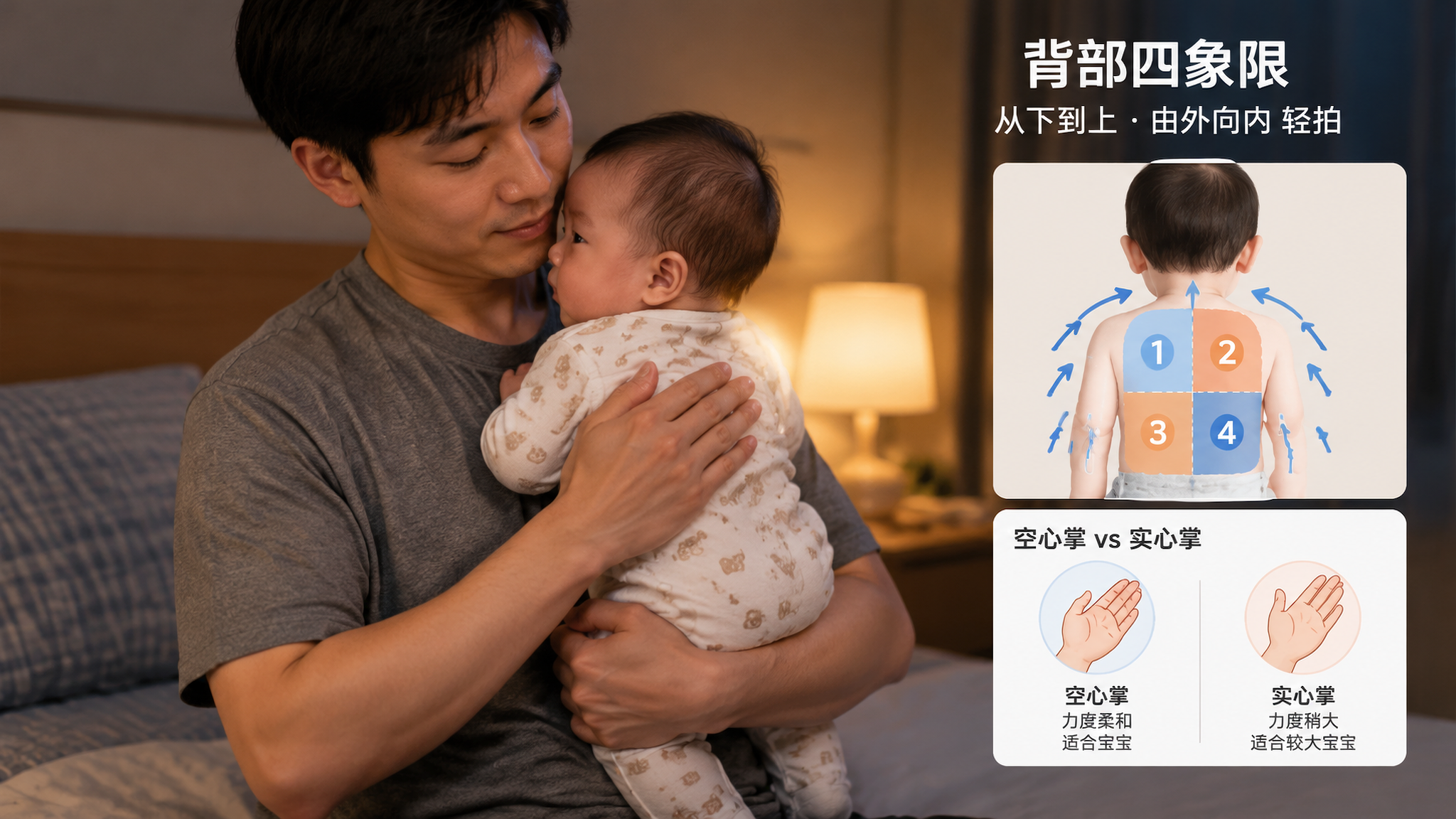 夜间卧室育儿场景，中国年轻爸爸在床边为中国婴儿拍嗝，宝宝竖抱贴在爸爸胸前，头颈保持中立位，上半身略直