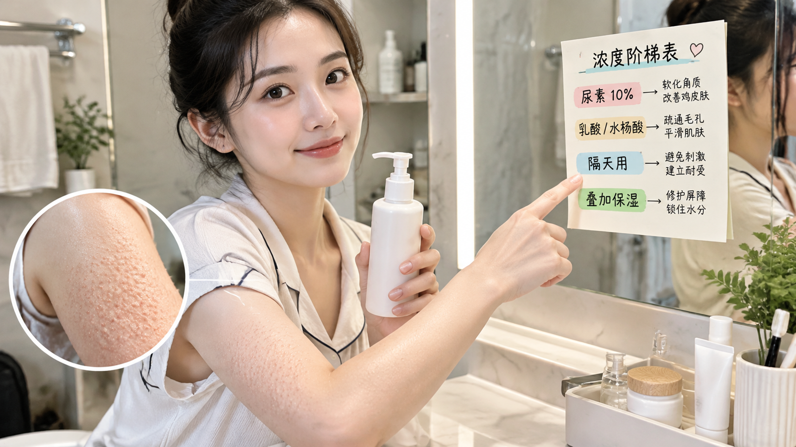 中国年轻女性在家中浴室镜前做身体护理教学场景，人物穿简洁居家睡衣，手臂外侧展示轻微鸡皮肤质感（真实但