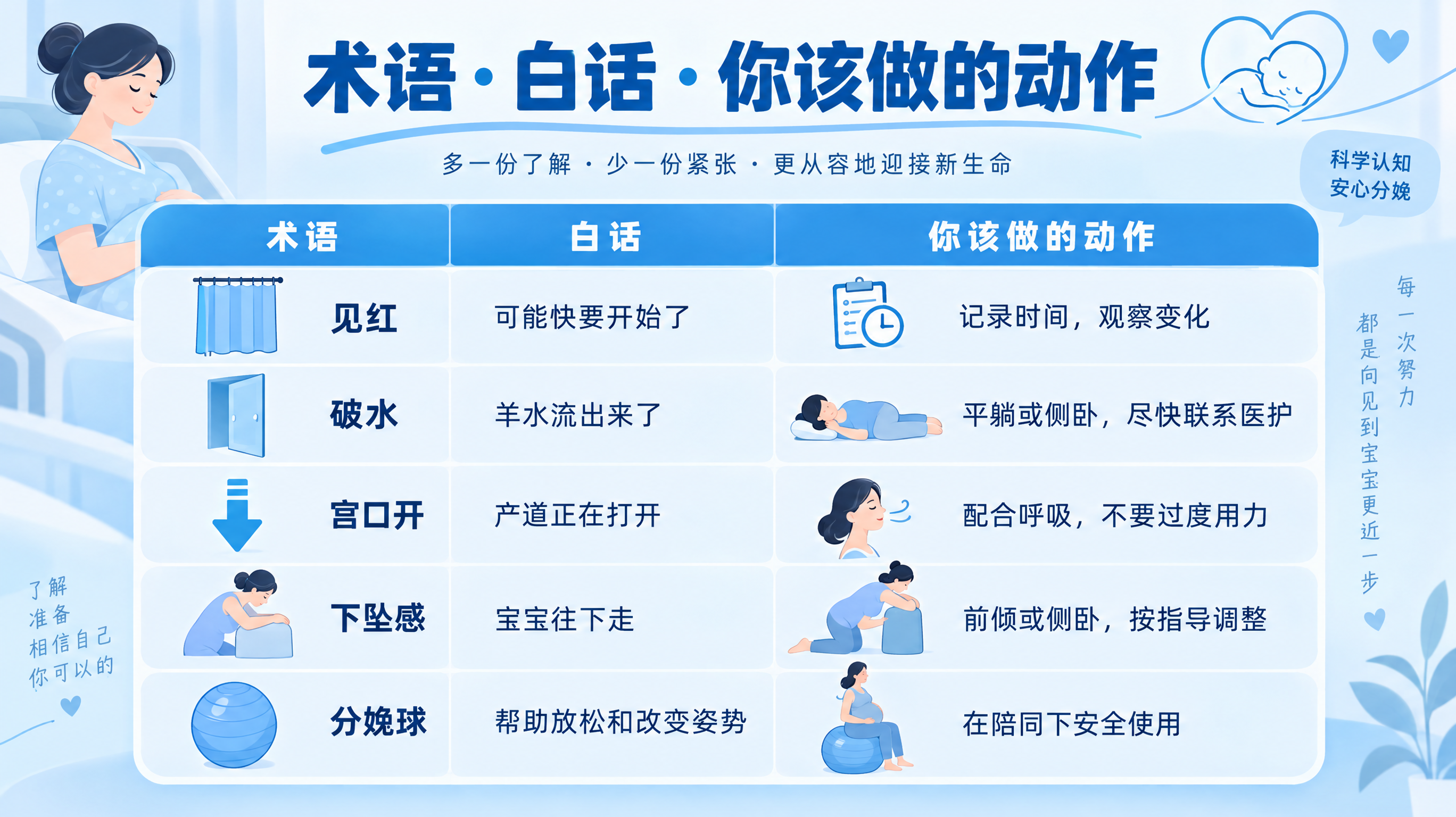 产房科普信息图长图，卡片式排版设计，核心主体为“术语-白话-你该做的动作”对照表，包含简洁图标（门帘