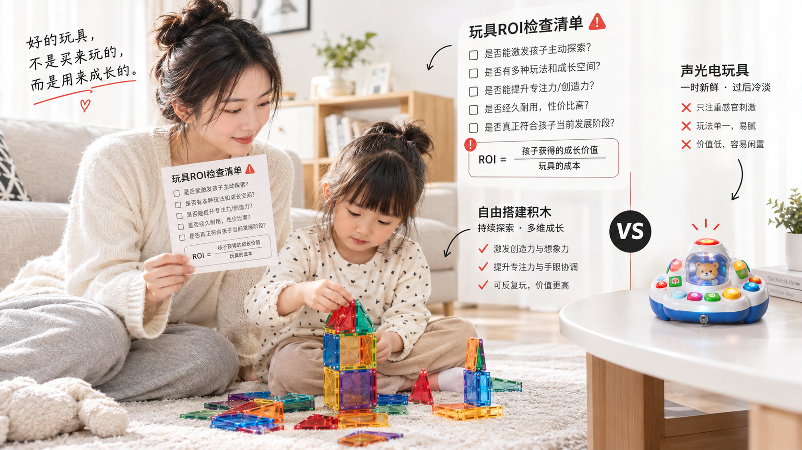 明亮整洁的中国家庭客厅场景，中国年轻妈妈坐在地毯旁，手里拿着一张极简黑白“玩具ROI检查清单”卡片（