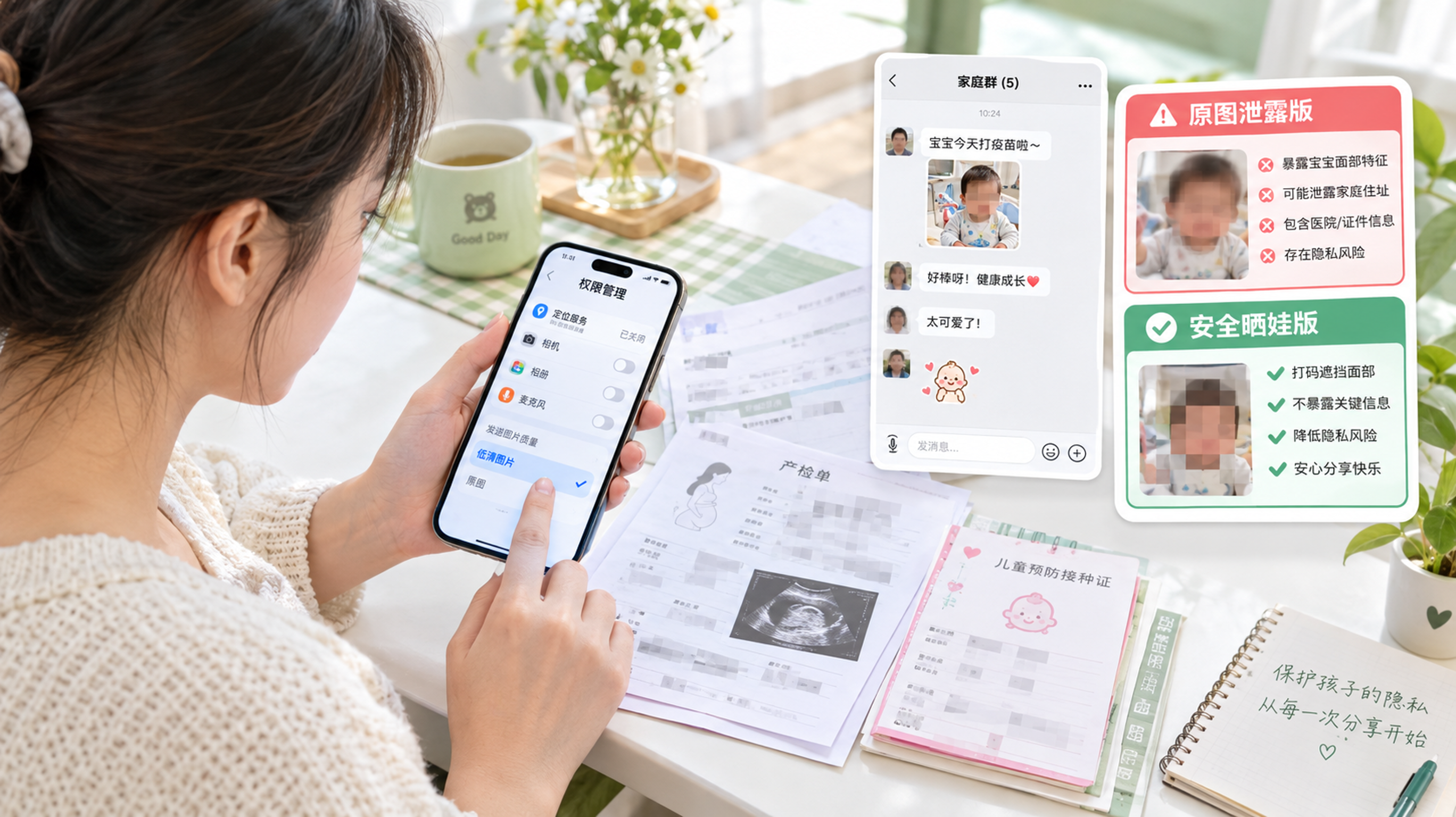 中国年轻妈妈坐在家中明亮整洁的餐桌旁，桌上放着手机与几张已打码的产检单/疫苗本示意纸张（不含真实敏感