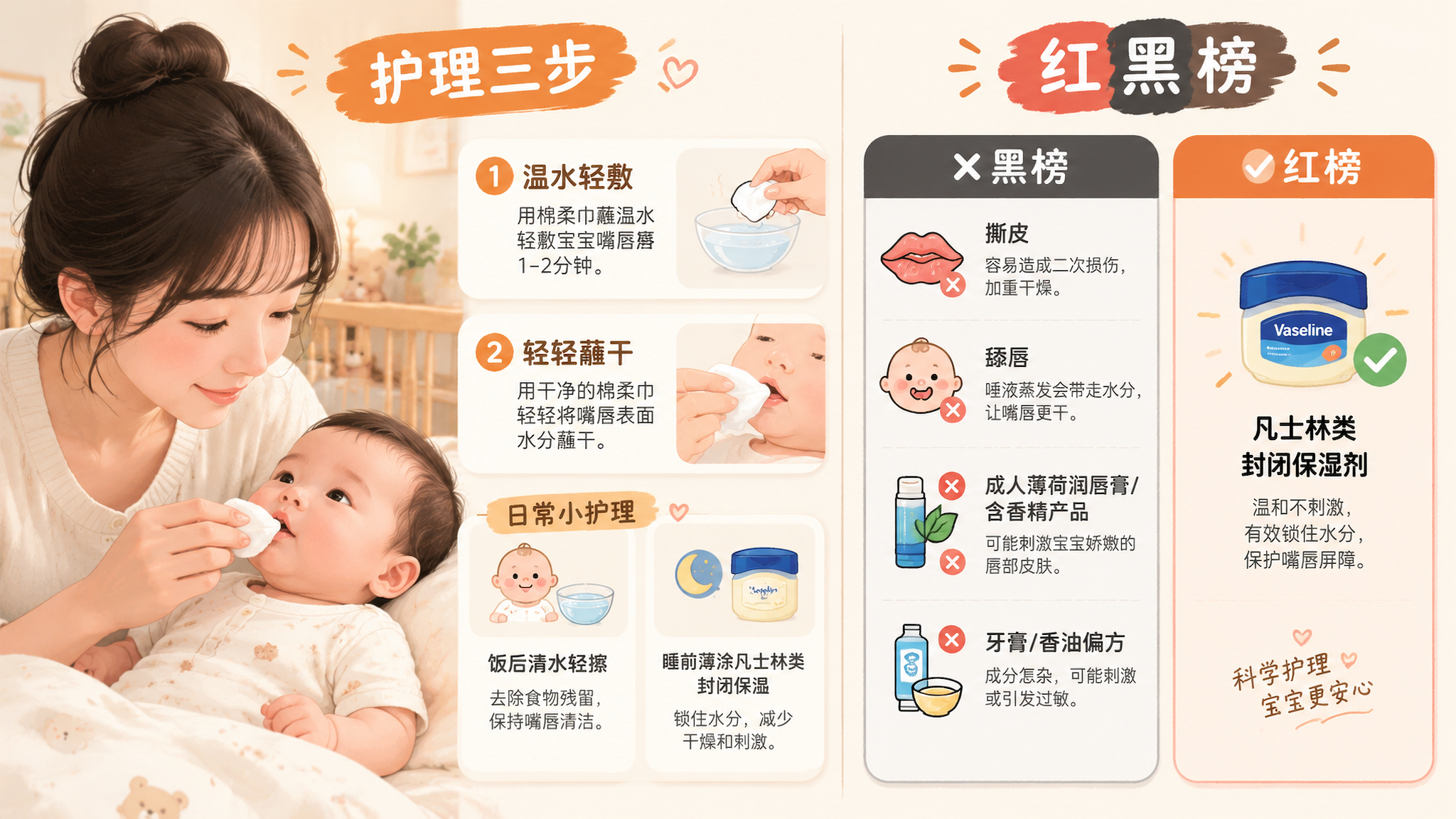 宝宝嘴唇起皮别撕别舔：3步安全保湿+就医红线