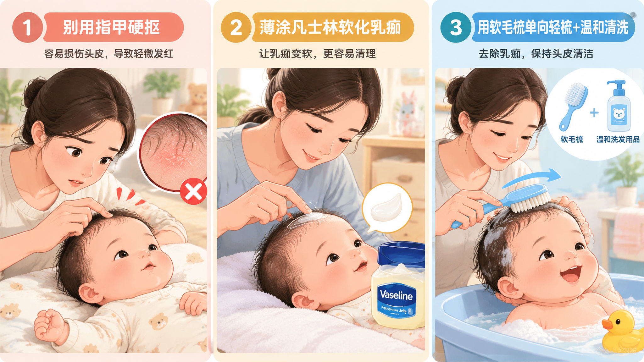 乳痂越洗越厚别抠：凡士林软化+单向梳除更安全
